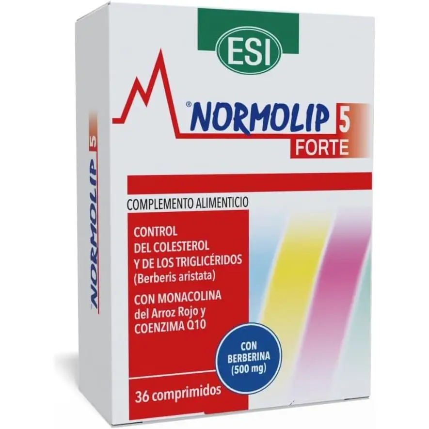 Normolip 5 Forte - Complemento Alimenticio con Berberina, Cardo Mariano, Arroz Rojo Fermentado, Coenzima Q10 y Policosanoles - Sin Gluten, Sin Lactosa, Apto para Veganos - 36 Comprimidos