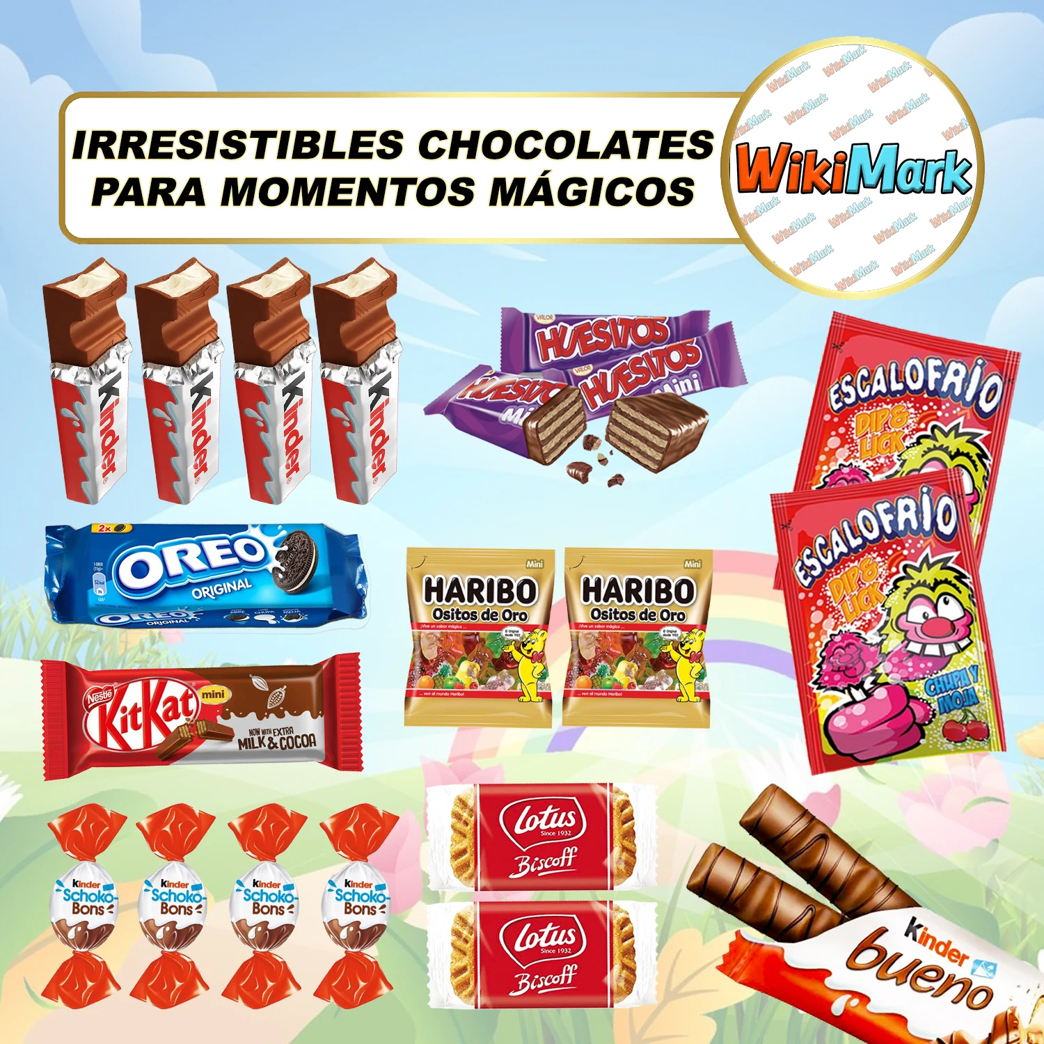 I Love You Valentine's Day Gift Box with 20 Kinder Bueno Chocolates, Oreo Cookies, Kinder Schoko Bons, Haribo Bears, Kit Kat, Bones, Lotus Biscoff Cookie and Much More. Includes I Love You Card. Created by Wikimark