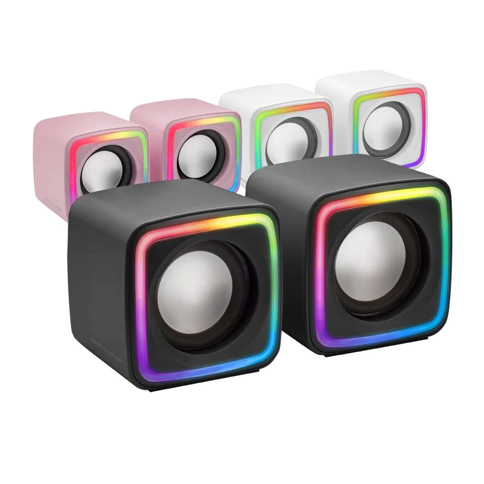 Mars Gaming MSCUBE, Altavoces Gaming RGB Compactos, Procesador Sonido DSP 8W, Altavoces RGB Negro, Rosa o Blanco