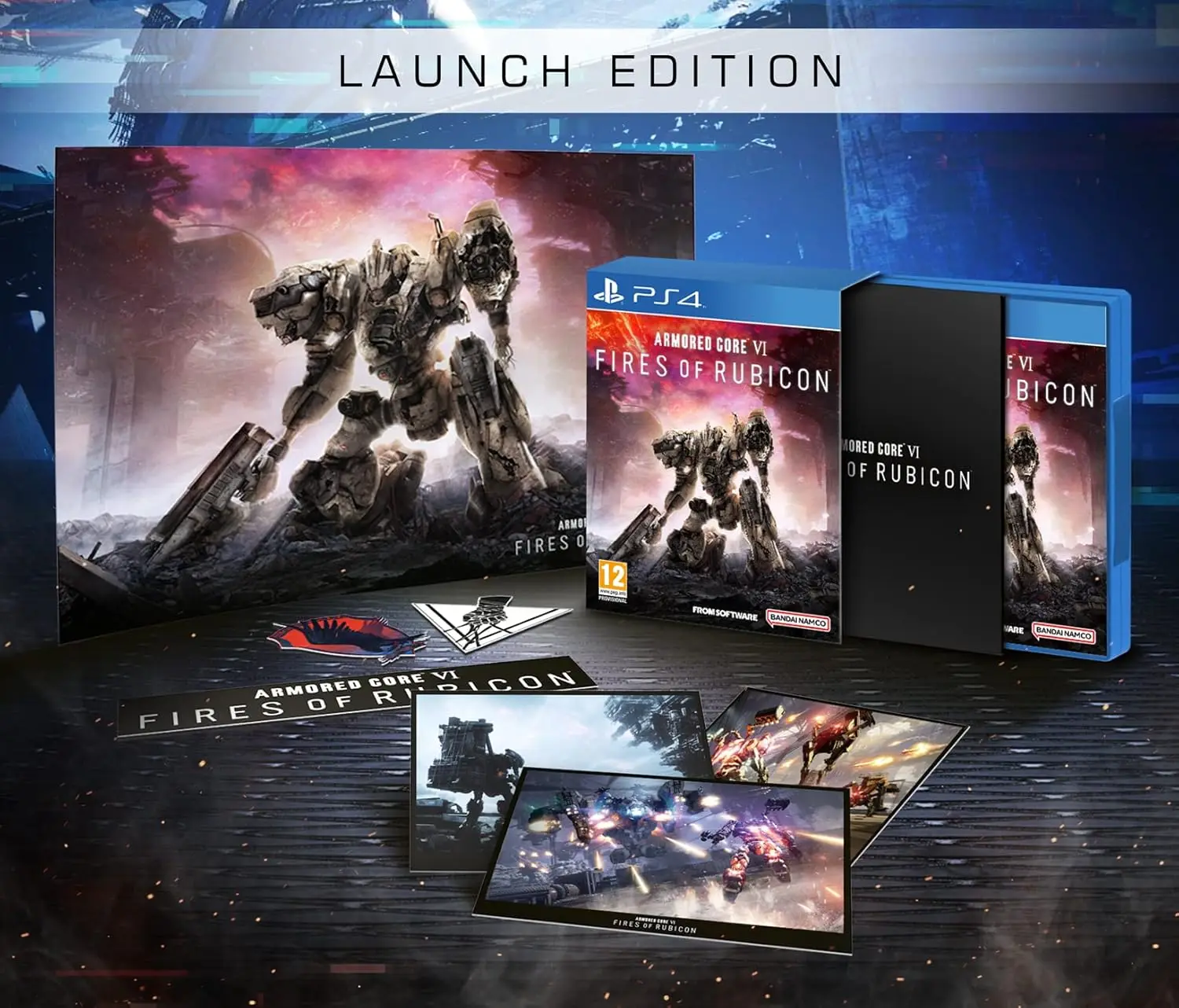 Armored Core VI Fires Of Rubicon Launch Edition for PS4/PS5, includes base game, 3 art cards, 3 exclusive stickers, and a poster, delivering an adrenaline-pumping mech combat experience with dynamic maneuverability in immersive 3D environments.