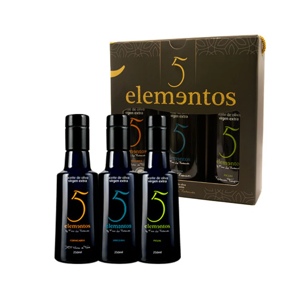 5 Elementos - Estuche Aceite de Oliva Virgen Extra Cornicabra, Arbequina y Picual 3x250ml, Regalo Gourmet de Variedades Premium