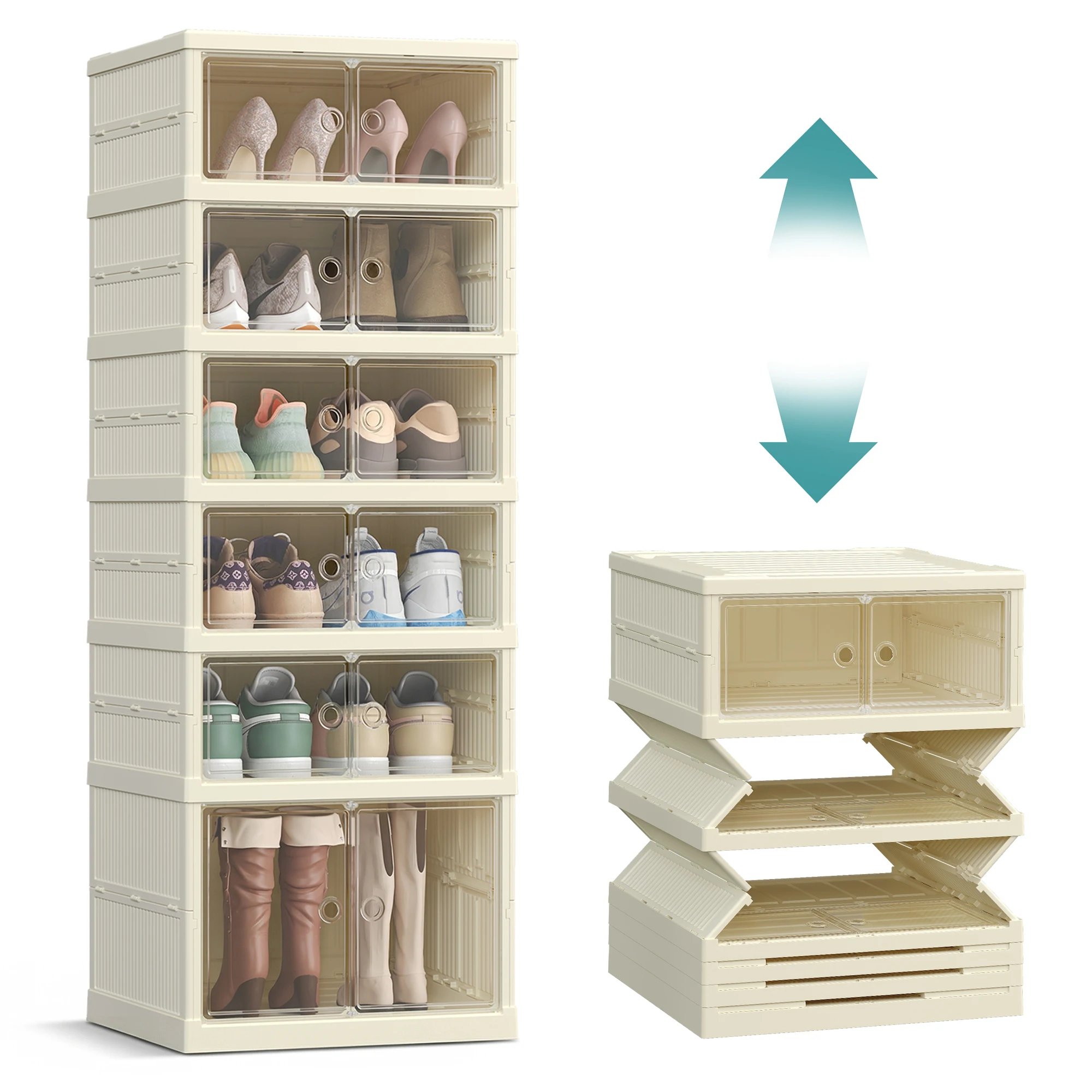 SONGMICS Zapatero, Estantería para Zapatos Estrecha, Torre de Almacenaje Plegable, Puerta Transparente, para 12 Pares, para Botas, Zapatillas, Recibidor, Salón, 6 Niveles, Blanco Crema