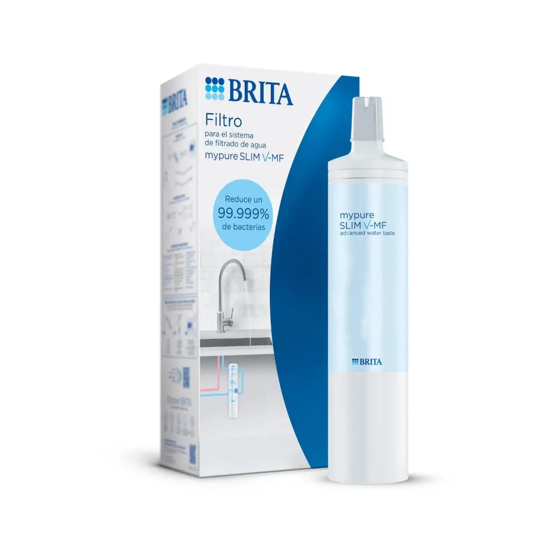 BRITA Cartucho Filtro de Agua Mypure SLIM V-MF, Incluye 1x Filtro de Agua (8000 litros), Recambio para Sistema de Filtro debajo del fregadero para tu grifo, para agua libre de un 99,9% de bacterias