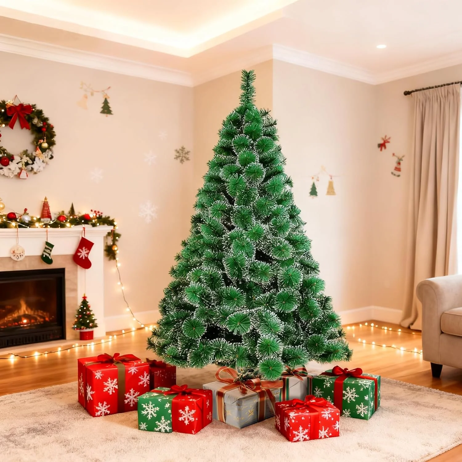 Artree | Árbol de navidad nevado 120-210 cm plegable, pino verde con soporte, estructura Desmontable, Ramas Abatibles. Adornos y decoración de navidad para el hogar.