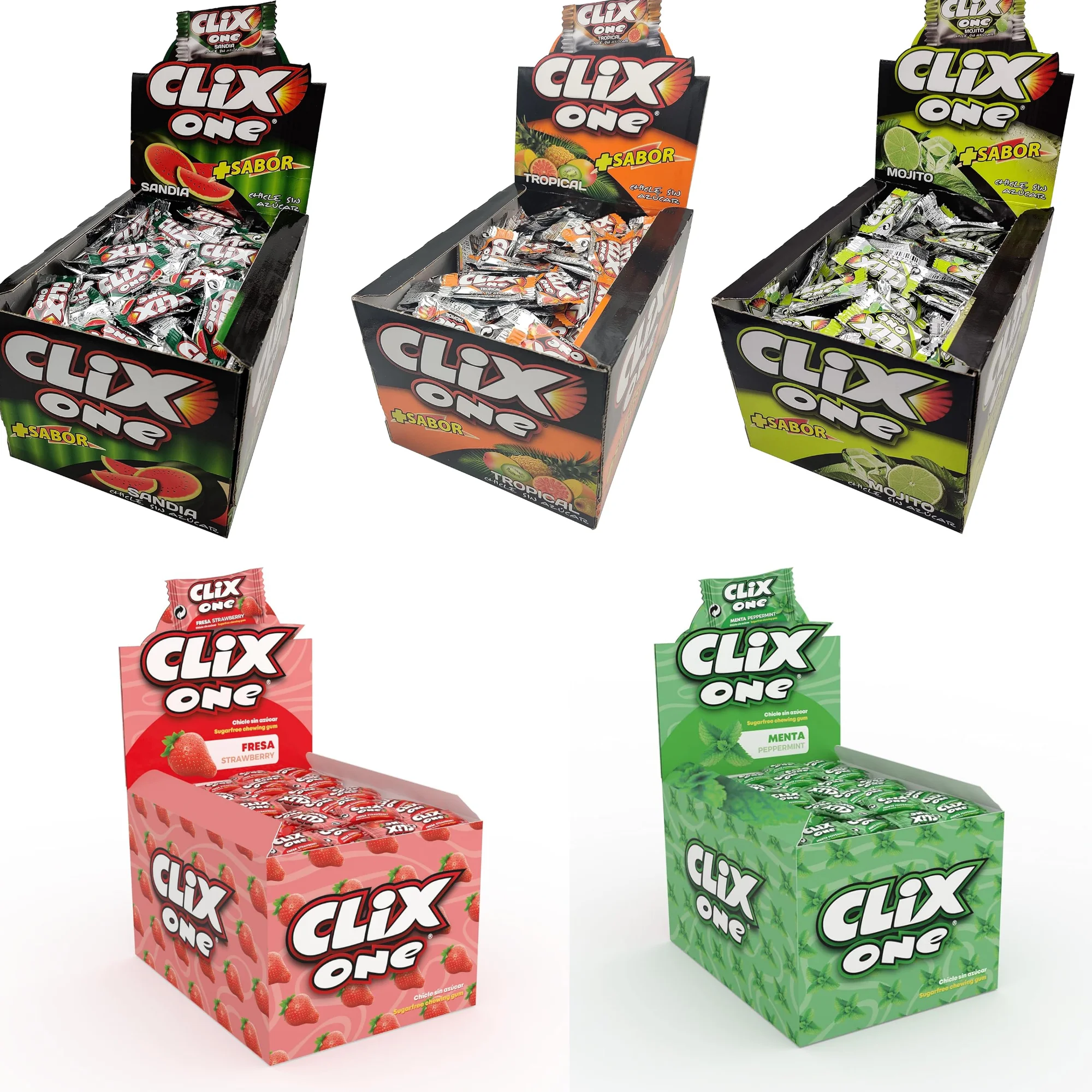 Chicles Clix Sabores Surtidos - Chicle Clix 200 Uniades - Sin Azucar - Chicles Clix Fresa - Menta - Mojito - Sandia - Clorofila - Hierbabuena - Tropical - Regaliz de Fresa