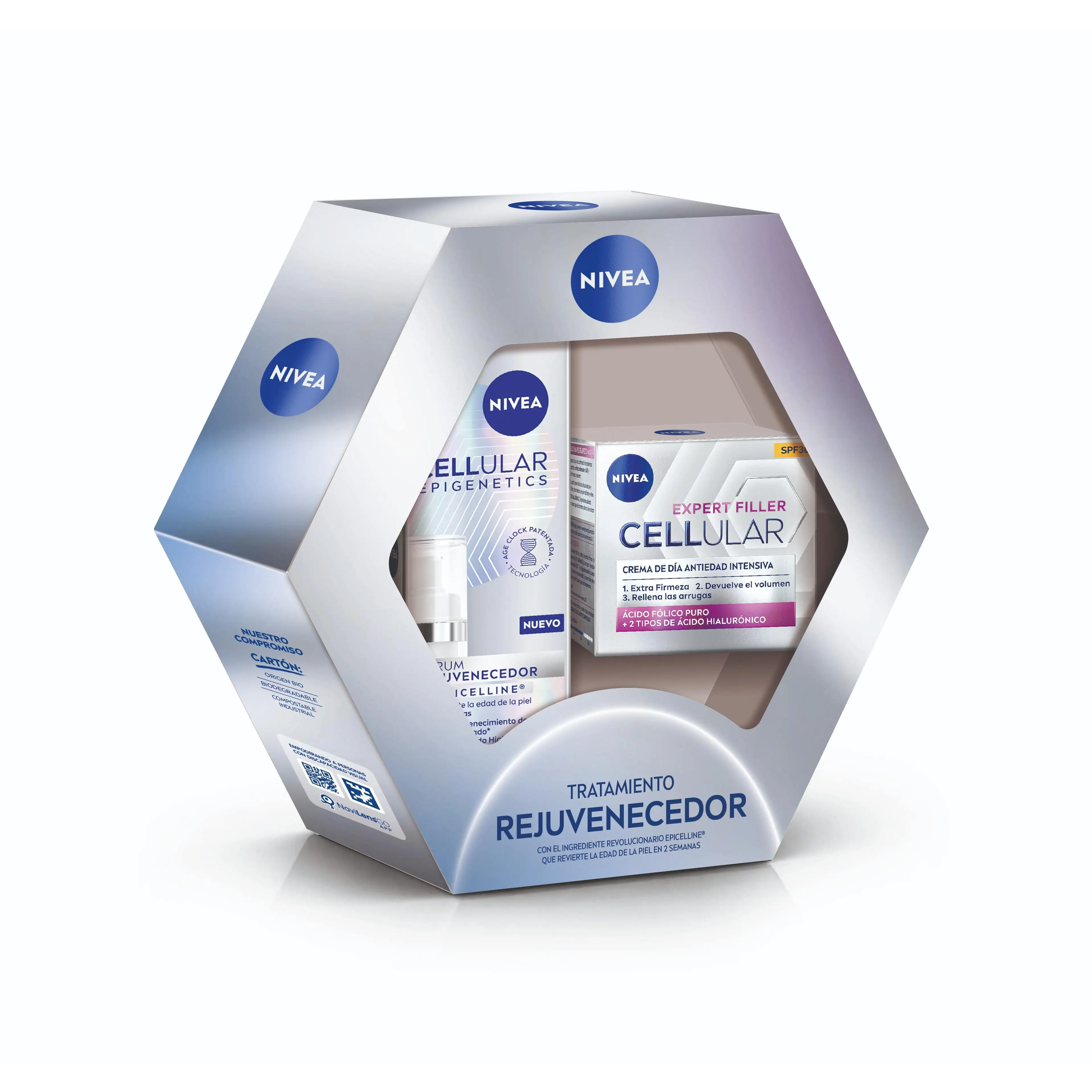 NIVEA Pack Cellular epigenestics de día– Caja regalo con Sérum Facial Epigenetics y Crema de día FPS30 – Efecto lifting para rostro, cuello y escote