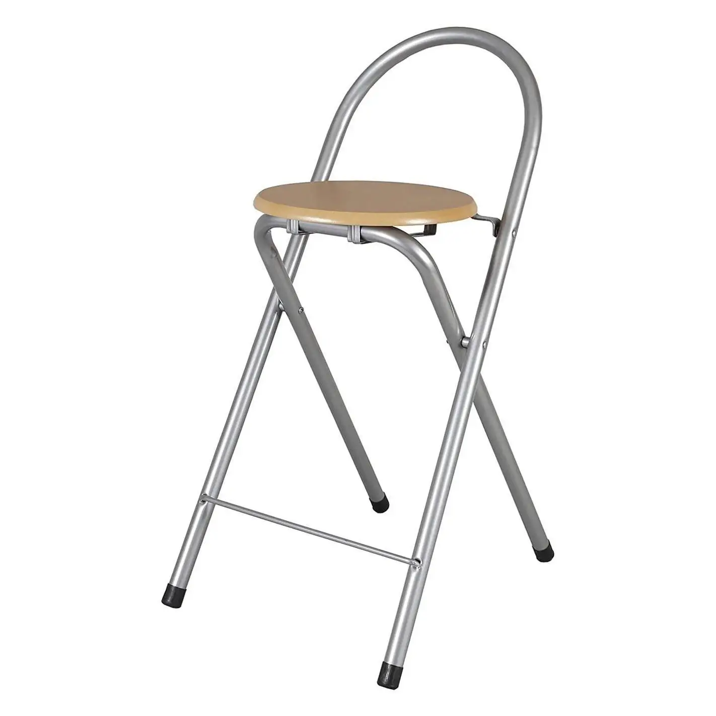 Taburete plegable de cocina con reposapiés | Estructura Metálica | Auxiliar Hogar | Plata y Madera  | 40x45x80 cm