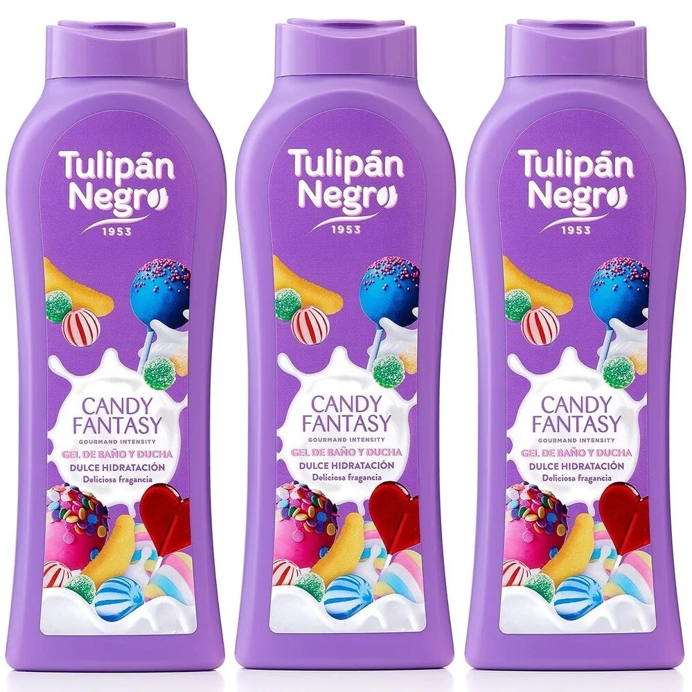 TULIPAN NEGRO, Gel de Baño y Ducha Candy Fantasy 650ml (Pack de 3x650ml), Tulipan Negro De la Linea Gourmand Intensity, Cuidado Diario de la Piel, Maxima Hidratacion y Suavidad, Deliciosa Fragancia