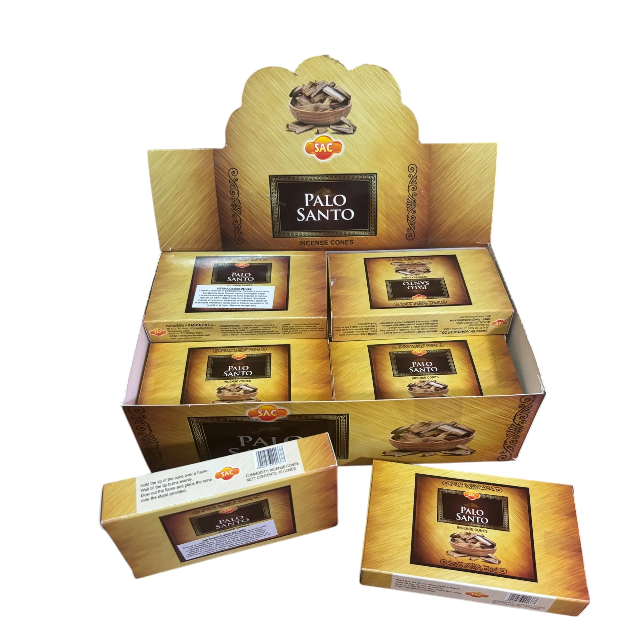 Sac Incienso Conos Palo Santo Aromático Natural Caja 12 Cajitas total 120 conos  con su quemador metálica cada cajita