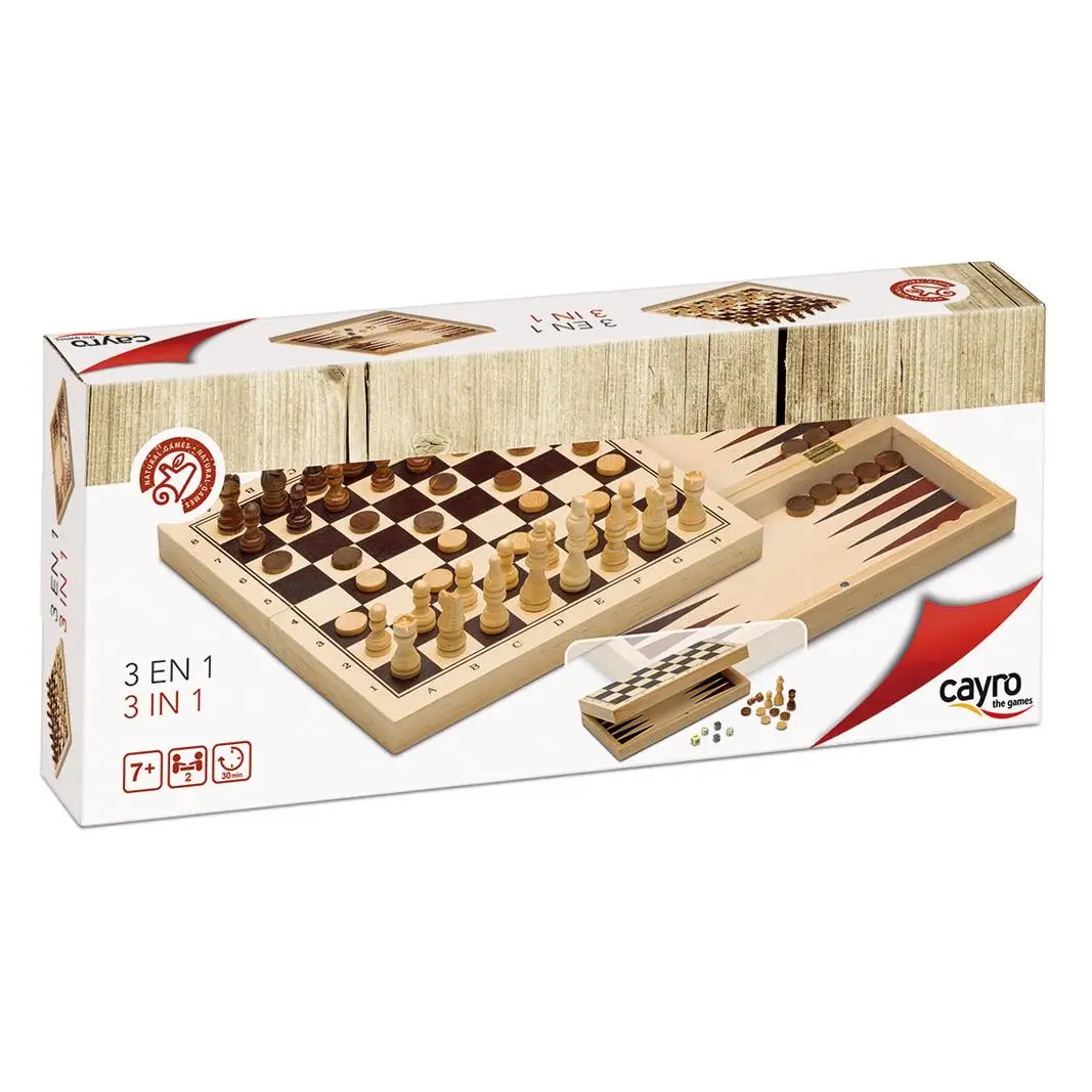 Cayro - Juego de Mesa de Ajedrez, Damas y Backgammon en Madera - Estrategia y Calidez en un Solo Juego