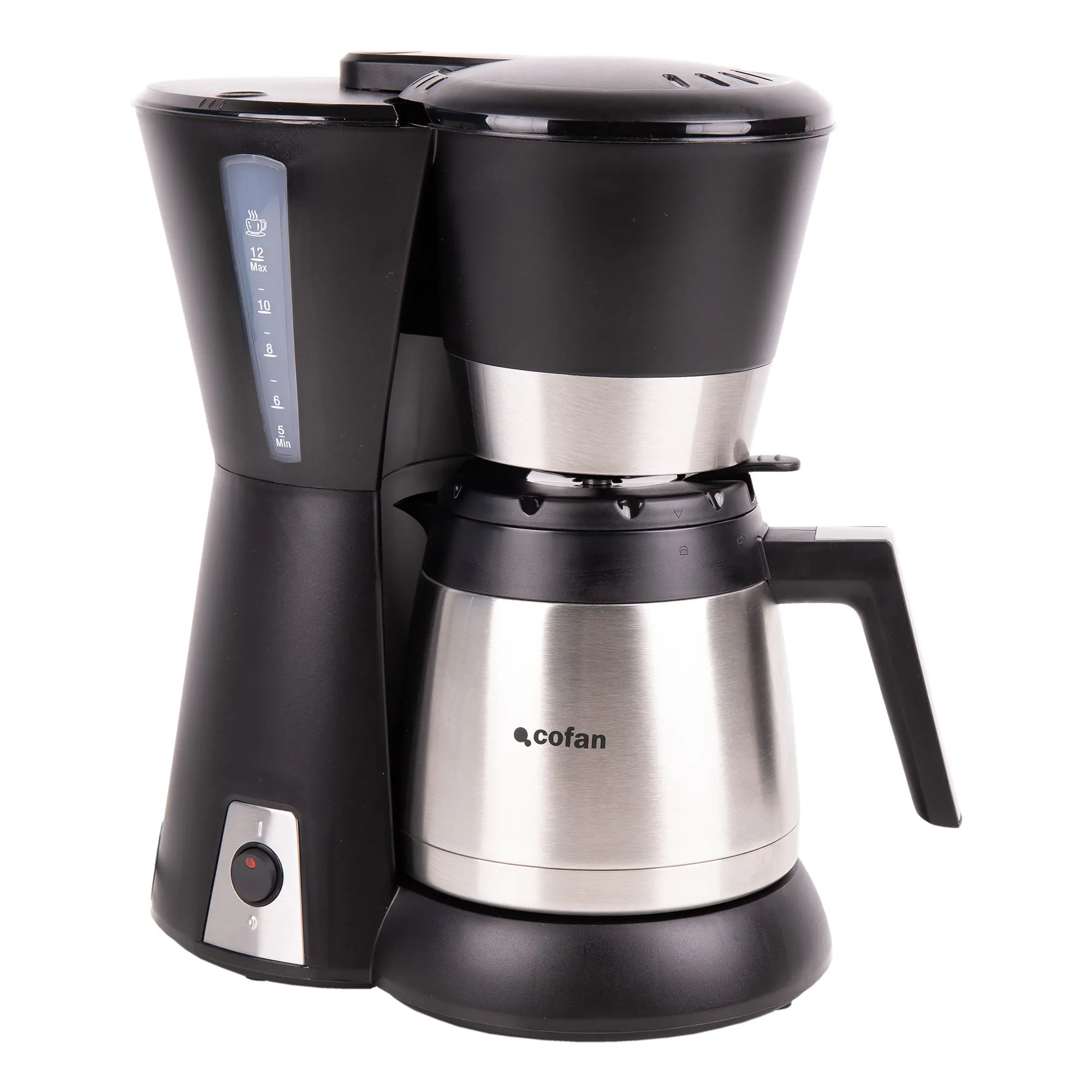 Cofan Cafetera de goteo 1,2L con jarra de acero inox., Capacidad 12 tazas, Potencia 800W, Apagado automático, Sistema antigoteo, Filtro permanente