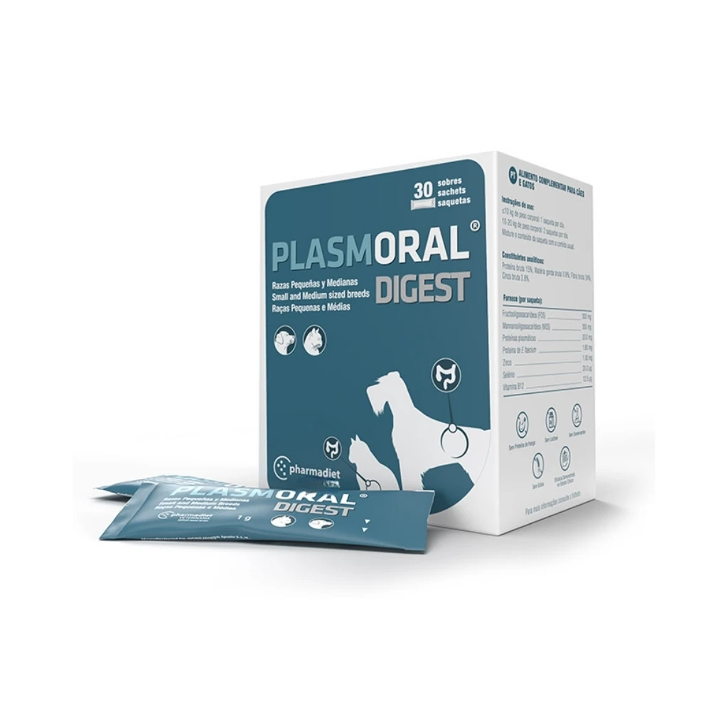 Pharmadiet Plasmoral Digest Razas Pequeñas y Medianas (hasta 20 kg) - Complemento Natural Intestinal para Perros y Gatos con Proteínas de Plasma, FOS, MOS y Probióticos