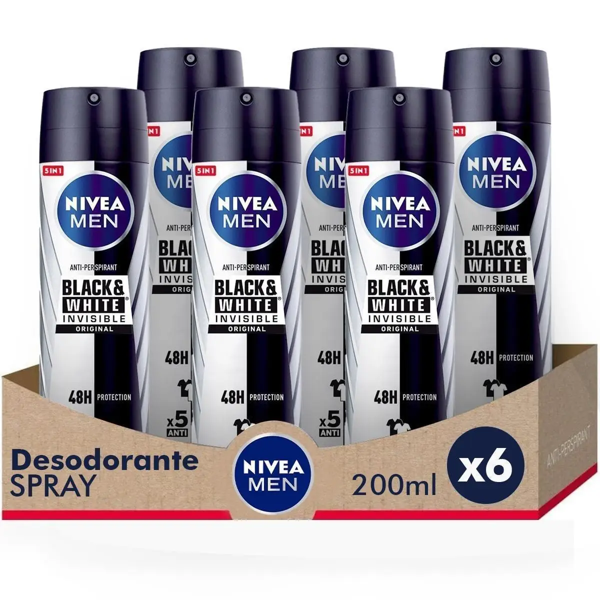 NIVEA MEN Pack saving-Black & White Invisible Original mens deodorant Spray 200ml x 6 PCs