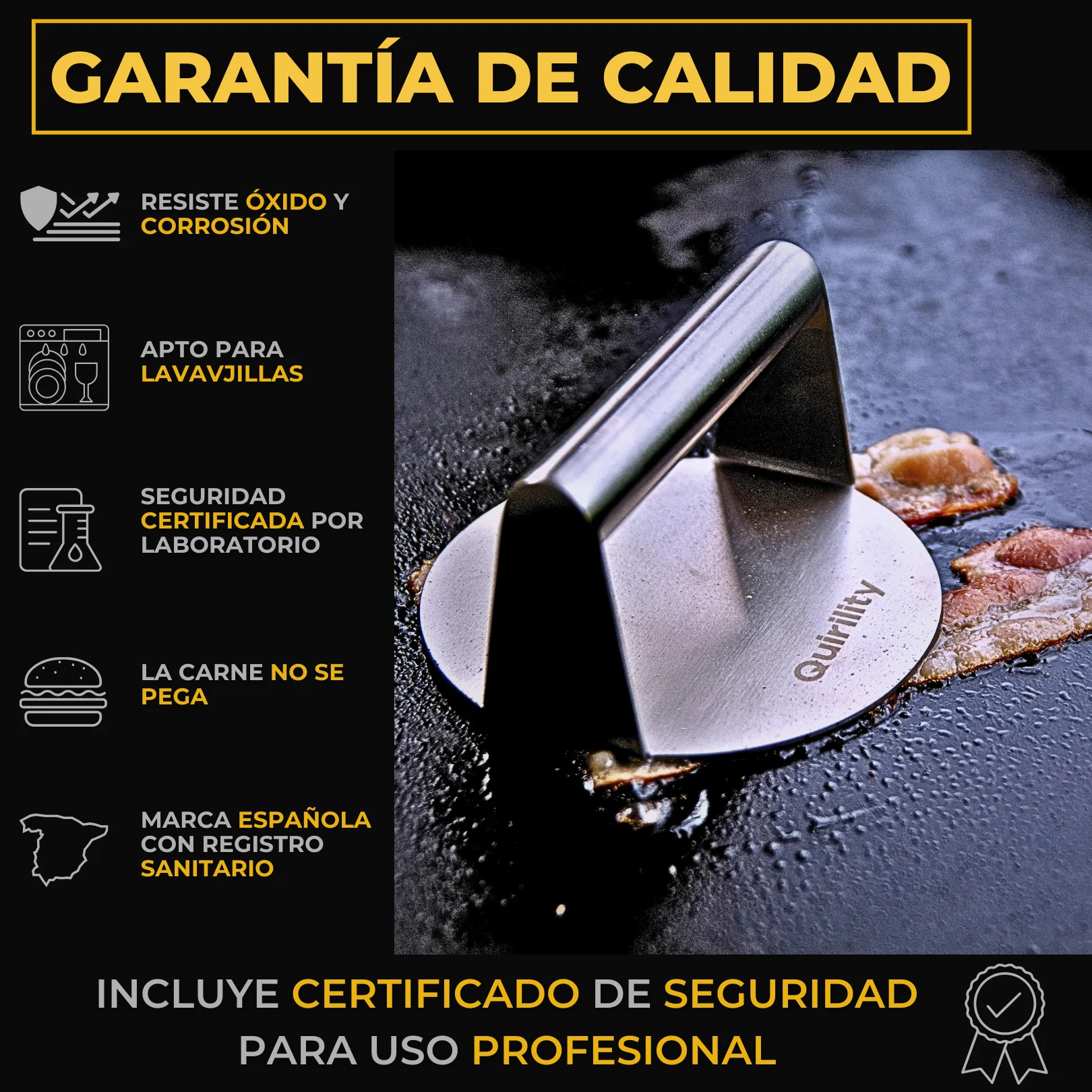 Quirility ® |   Smash burger premium professional stainless steel kit with eu food contact certificate, hamburger smasher, hamburger crusher, smash burger press, hamburger smasher