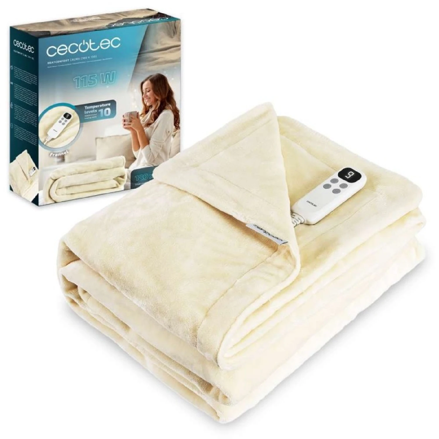 Cecotec Manta Eléctrica 180x130cm HeatConfort Calma (180 x 130). 115W, 10 Niveles de Temperatura Ajustables