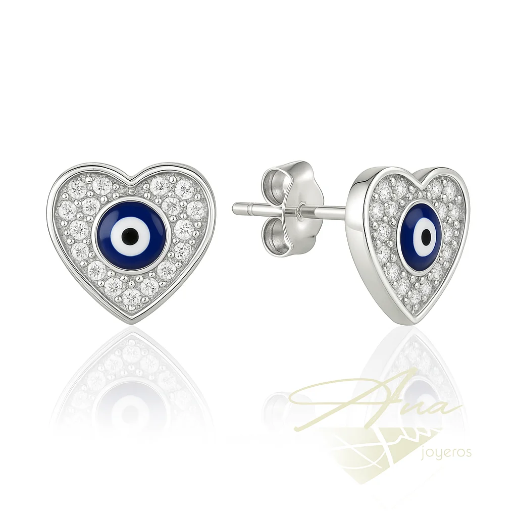Pendientes de Plata de Ley 925 Corazón con Circonitas  y Ojo Turco – Joyería Antialérgica para Mujer, Elegante y Protectora" - Ana Joyeros