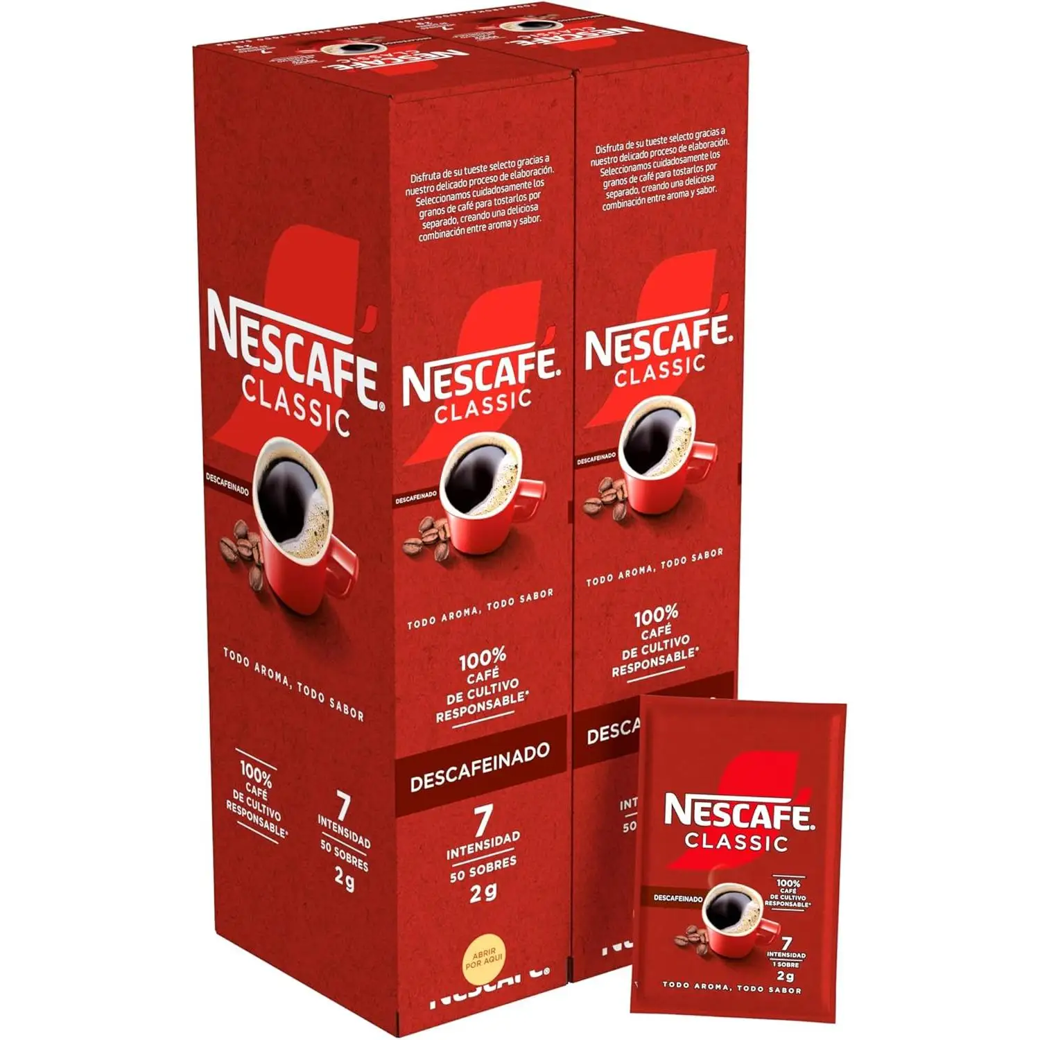 Nescaffeinated case of 100 sachets of 2 grams.