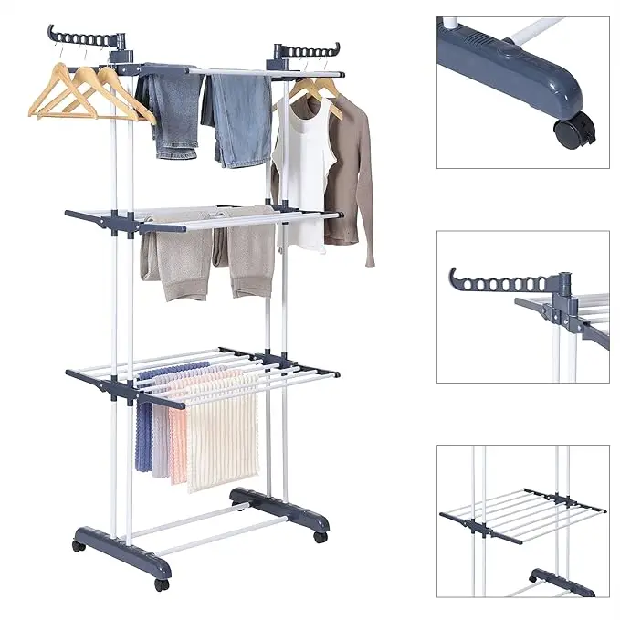 PopLiving-Tendedero Plegable de Acero Inoxidable para Ropa, 4 Niveles con Alas Laterales, 6 Bandejas Retráctiles, 35 kg de Capacidad, 4 ruedas universales con frenos y Diseño Plegable para Ahorrar