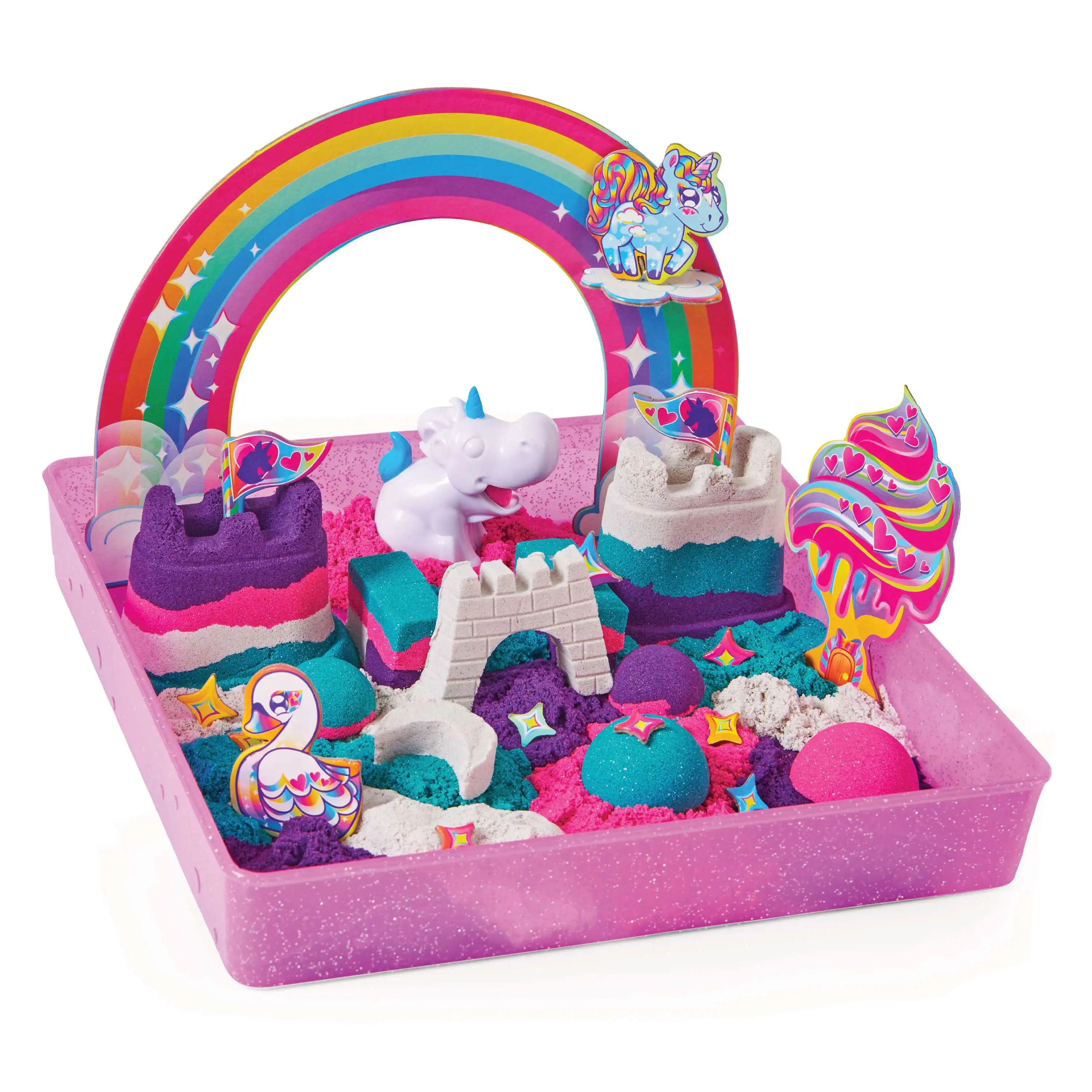 SPIN MASTER - Kinetic Sand Shimmer, Unicorn Kingdom Playset con 2 libras de Shimmer Kinetic Sand con 8 herramientas