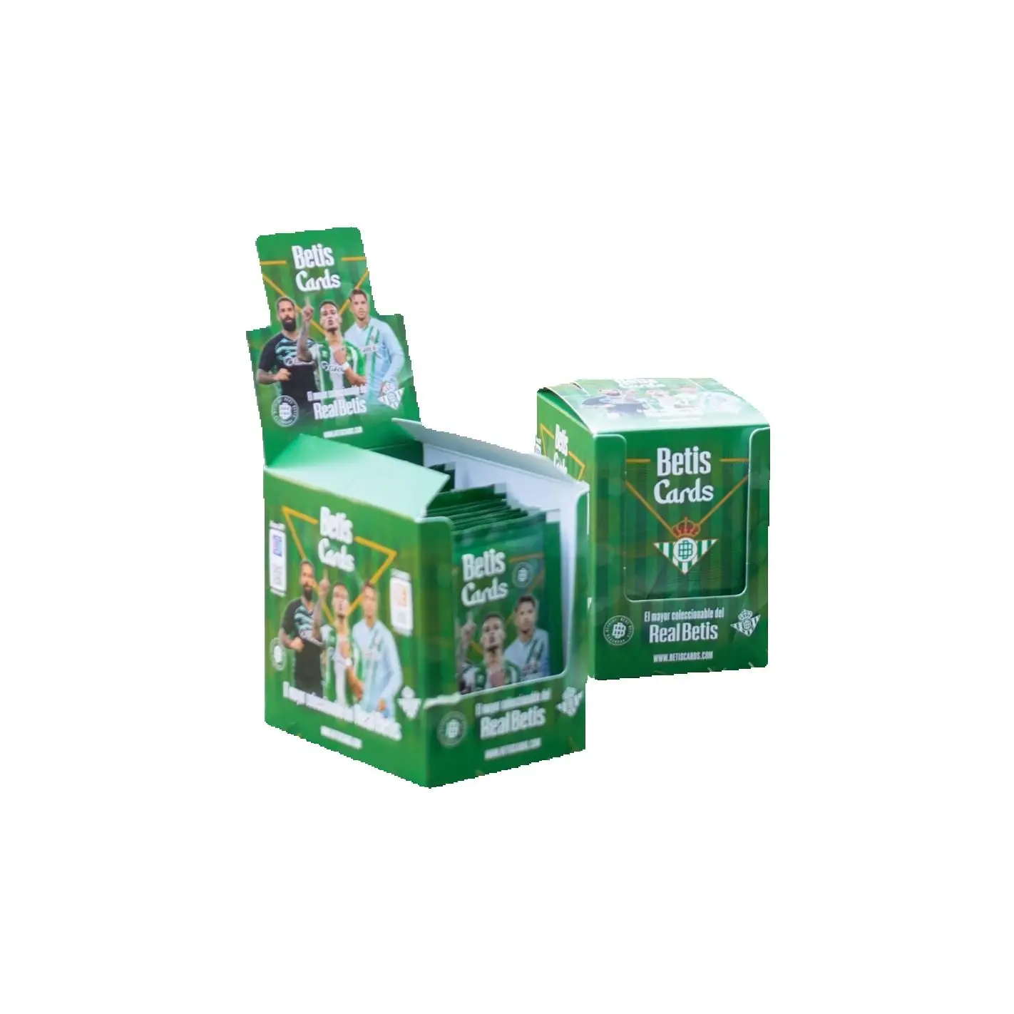 BetisCards 2026 caja con 50 sobres oficiales, cada uno con 7 cromos, dedicados a la historia y al sentimiento del Real Betis Balompié Cromos Betis 2026 oficial Garantizado