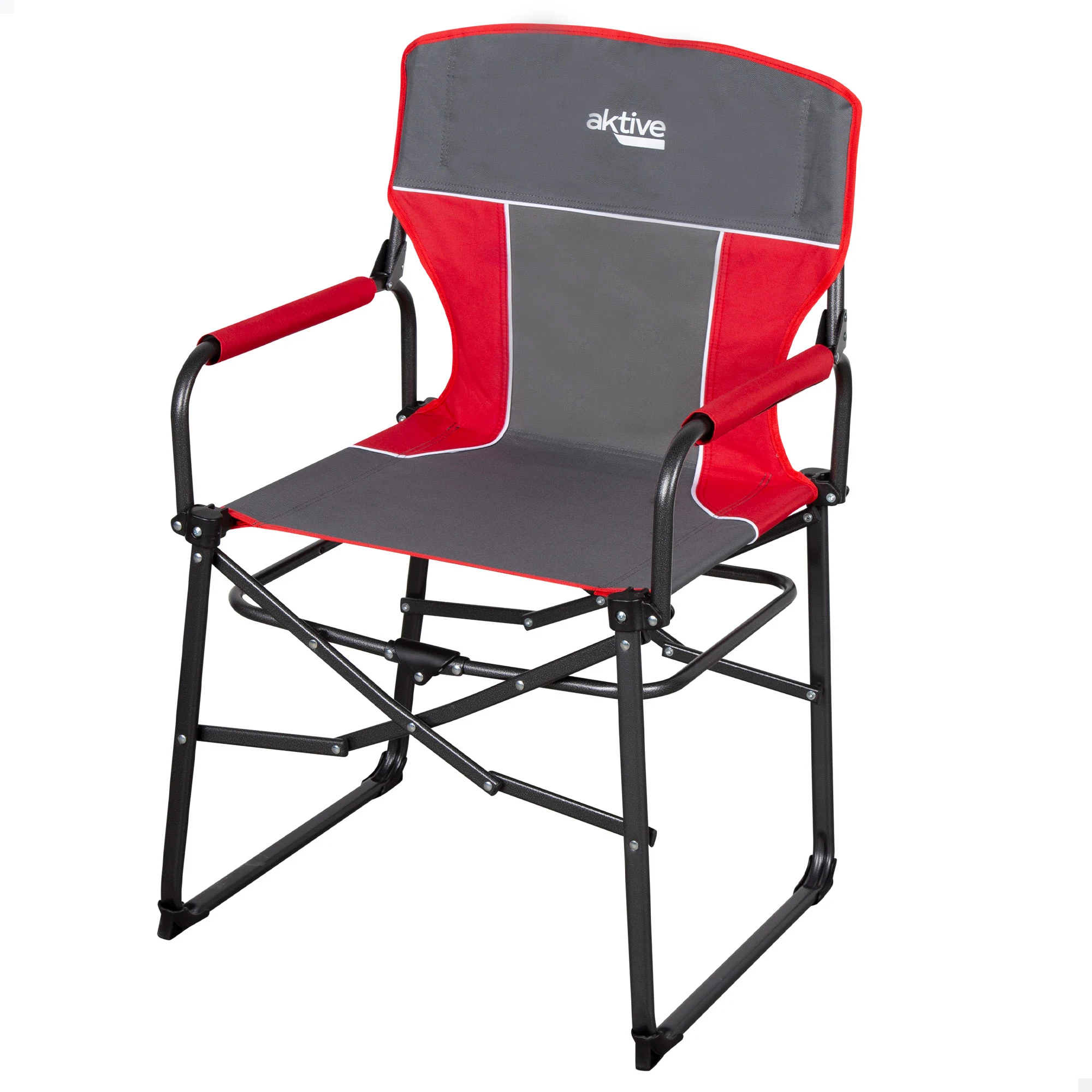 Aktive - Silla plegable camping, playa y pesca de 54x49x92 cm, color gris y rojo, soporta un peso máximo de 110 kg, topes antivuelco, reposabrazos acolchados, estructura de acero, plegado compacto,