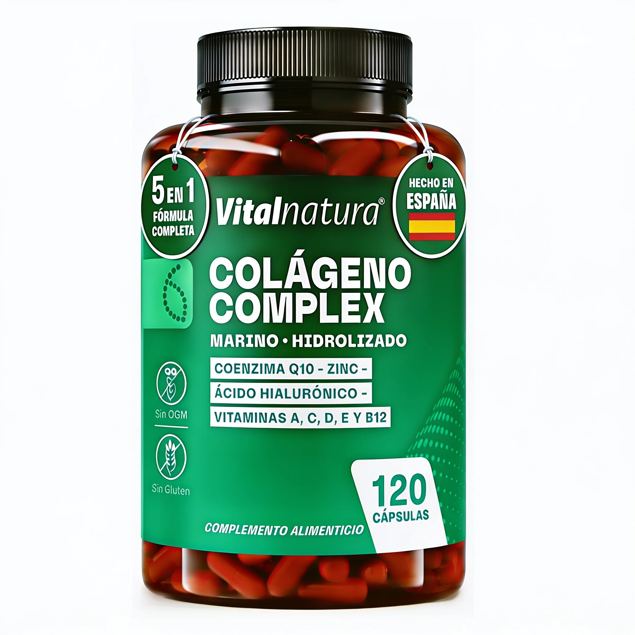 Colágeno Complex Marino Hidrolizado Vitalnatura con Ácido Hialurónico y Vitaminas – 120 Cápsulas