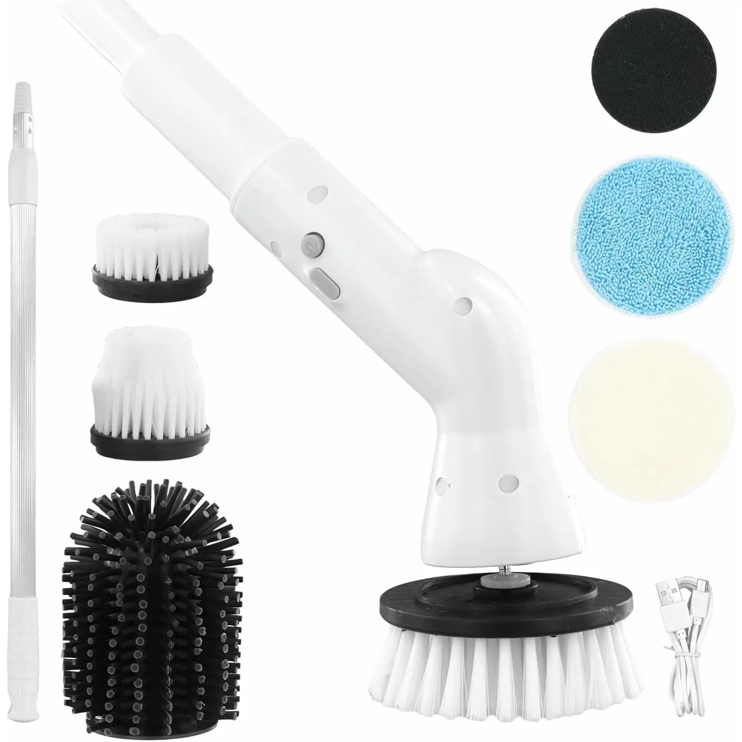 Cepillo Limpieza Hogar, Cepillo Electrico Limpieza, Mango Telescópico Ajustable, Fregadora Giratoria Eléctrica con 6 Cabezales de Cepillo Reemplazables para Baño, Cocina, Piso