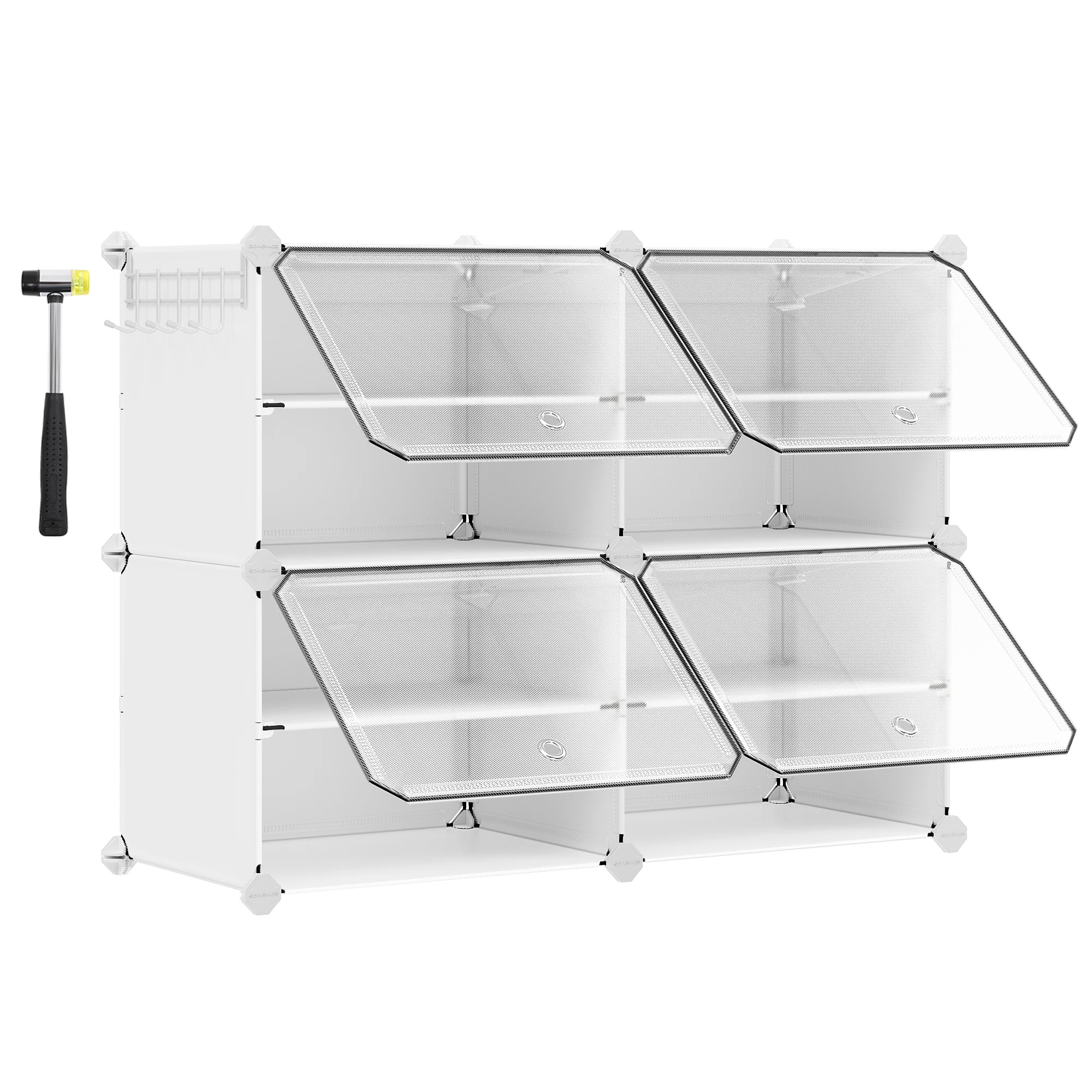 SONGMICS Mueble Zapatero Plástico, 4 Compartimentos, Zapatero Modular, Estantería Modular de Plástico, 30 x 40 x 30 cm Cada Cubo, con Puerta, Marco Acero, Panele Plástico, Blanco