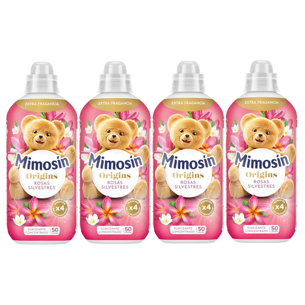 MIMOSIN Origins Suavizante Concentrado Rosas Silvestres, Pack 4 x 50 Total 200 Lavados, Duración del Frescor x4, Fragancia dulce y aterciopelada de frutos rojos y vainilla, Protege las Fibras de tu