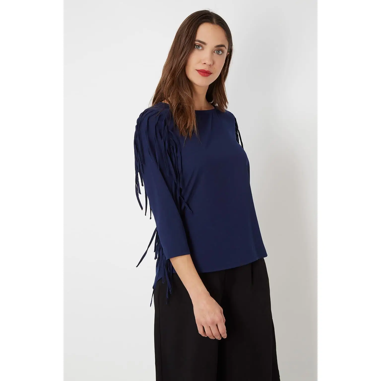 Blusa mujer azul Love & Money modelo H15139, flecos hombros, manga larga, cuello redondo, diseño liso, look casual elegante, cómoda y versátil, talla L disponible, entrega rápida ✅Entrega 24/48h