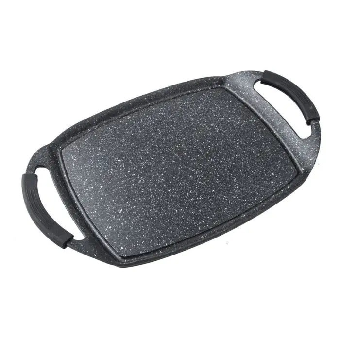 Plancha lisa de aluminio piedra - Adecuada para vitrocerámica, gas, eléctrica, inducción - Asas con protectores de silicona negra, desmontables - Rápida y fácil de limpiar, adecuada para lavavajillas.