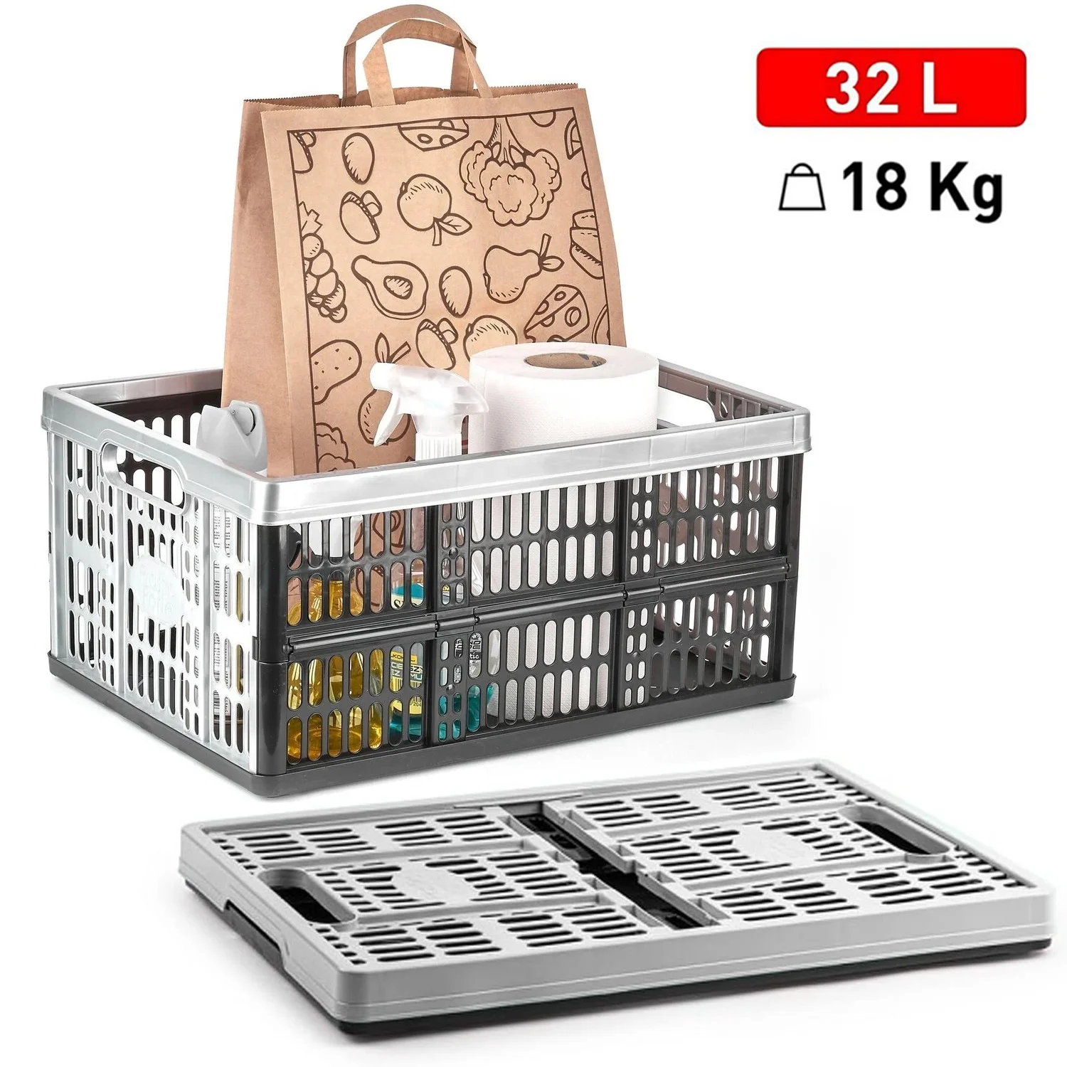 Caja de Almacenamiento Plegable de 32 Litros, Resistente y Compacta con Asas Laterales, Ideal para Hogar, Oficina o Coche