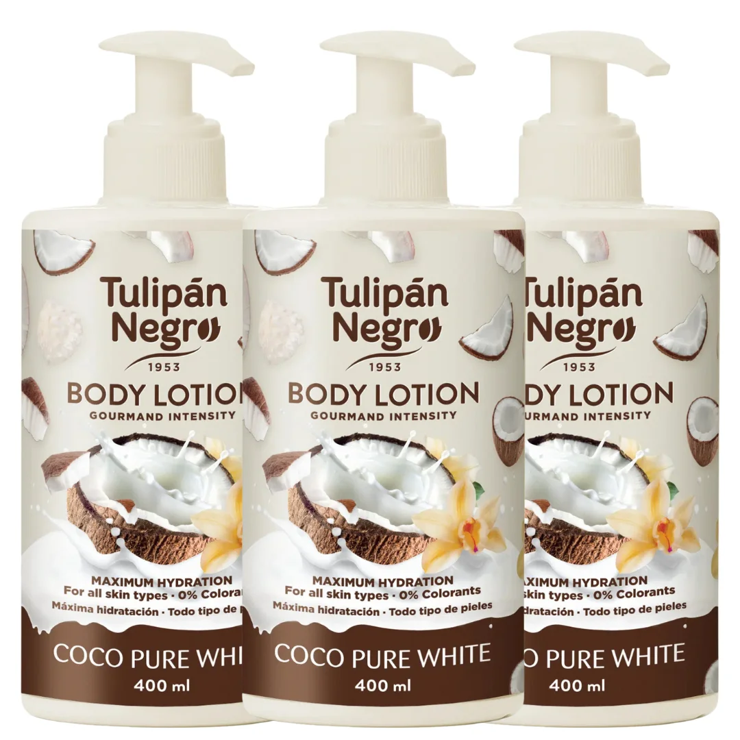 Paquete de 3 loción corporal de coco tulipán negro de 400 ml, ofrece hidratación profunda, suavidad y un aroma tropical y cremoso a tu piel. es ideal para el cuidado diario y una sensación de frescor.