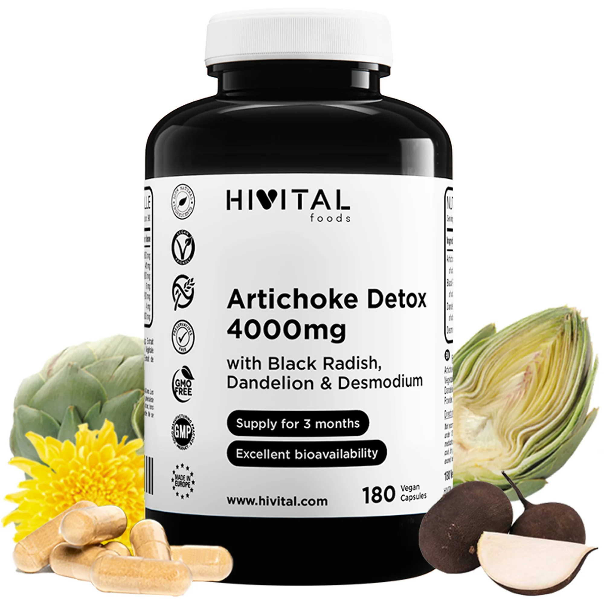 Detox Artichoke 4000 mg. 180 vegan capsules for 3 months of treatment. With artichoke, black radish, dandelion and Desmodium. Diuretic that detoxifies the liver and kidneys, and improves digestion. Hivital