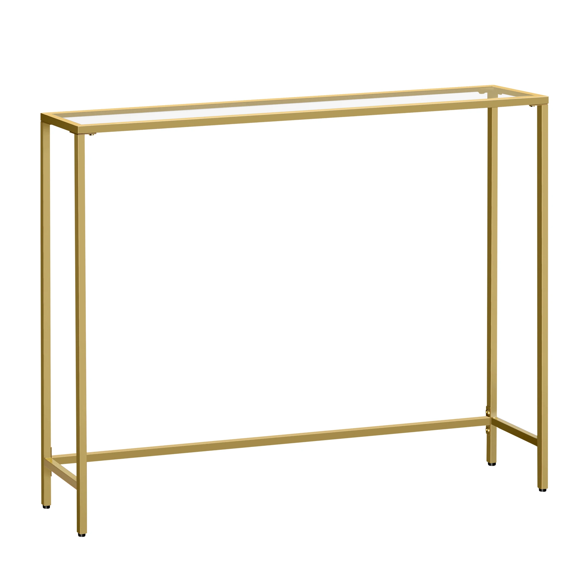 VASAGLE Mesa de Consola, Mesa de Entrada, Extremo del Sofá, Tablero de Vidrio Templado, Marco de Metal, Patas Ajustables, para Salón, Entrada, Pasillo, Dorado Pálido y Transparente/Negro ，Transparente