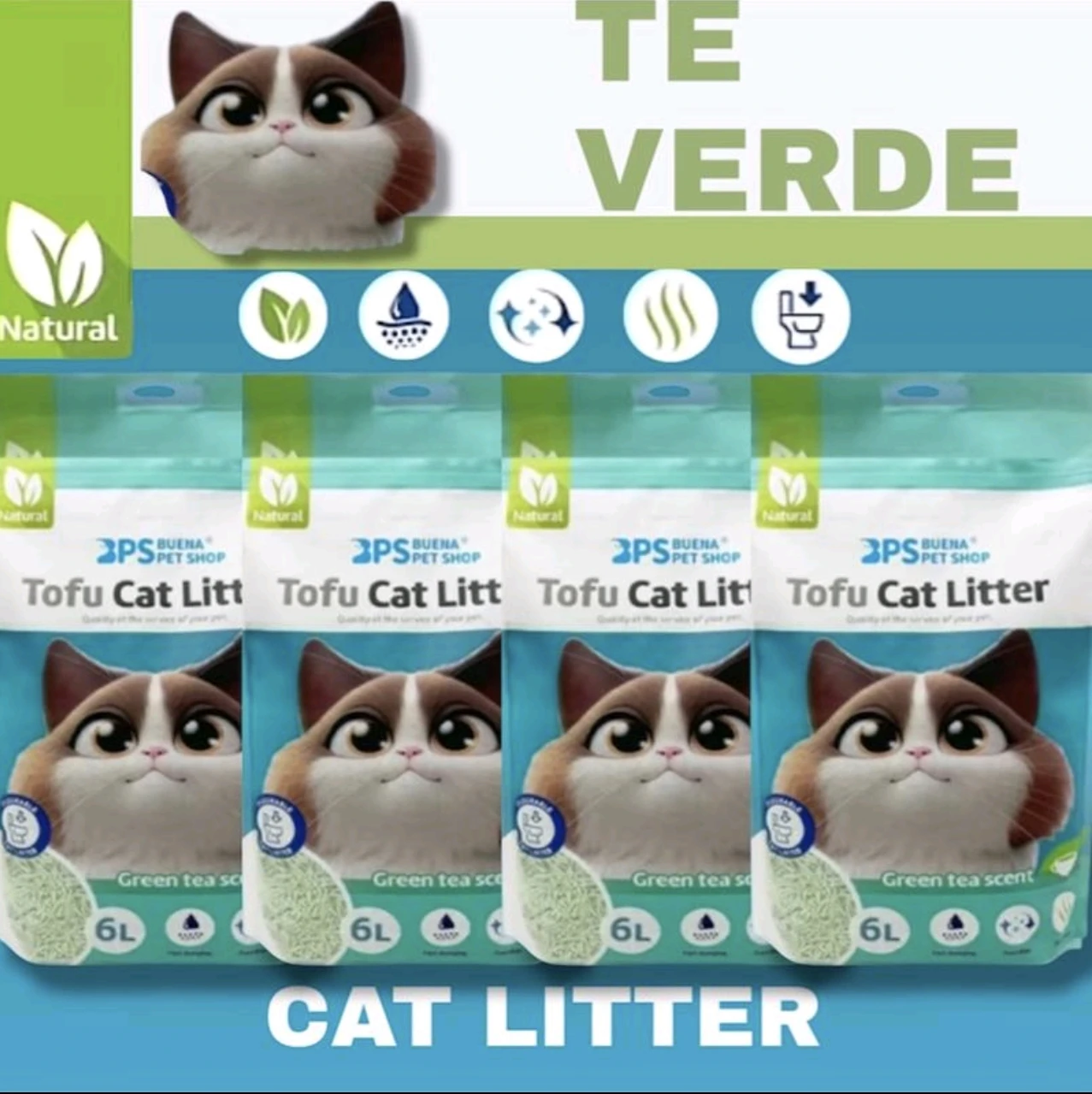 PACK DE 4 ARENA TOFU TÉ VERDE PARA GATO PACK AHORRO ARENA AGLOMERANTE PARA GATO SIN POLVO FACIL DE AGLOMERAR SE DISUELVE EN INDORO