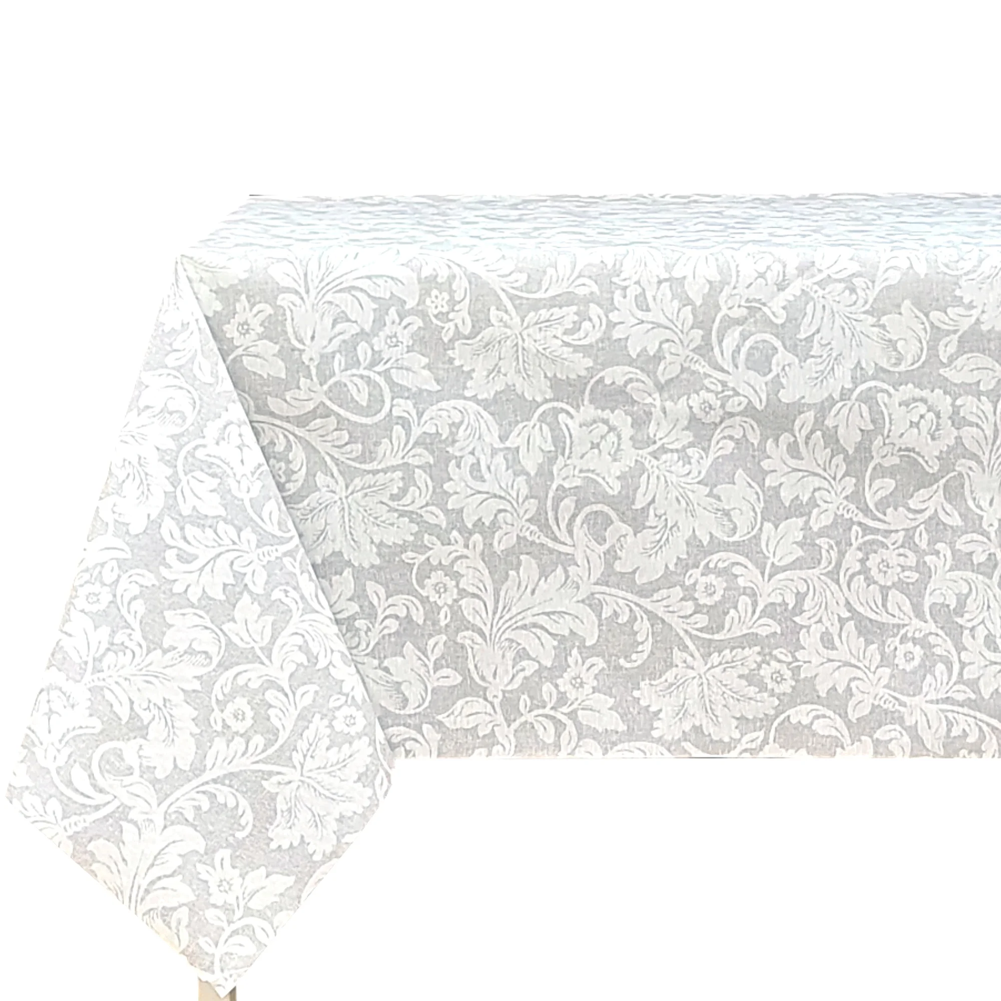 Mantel de tela resinada suave, rectangular, impermeable y fácil de limpiar, con hojas blancas sobre fondo gris, ideal para cocina, comedor, salón, balcón, jardín y picnic