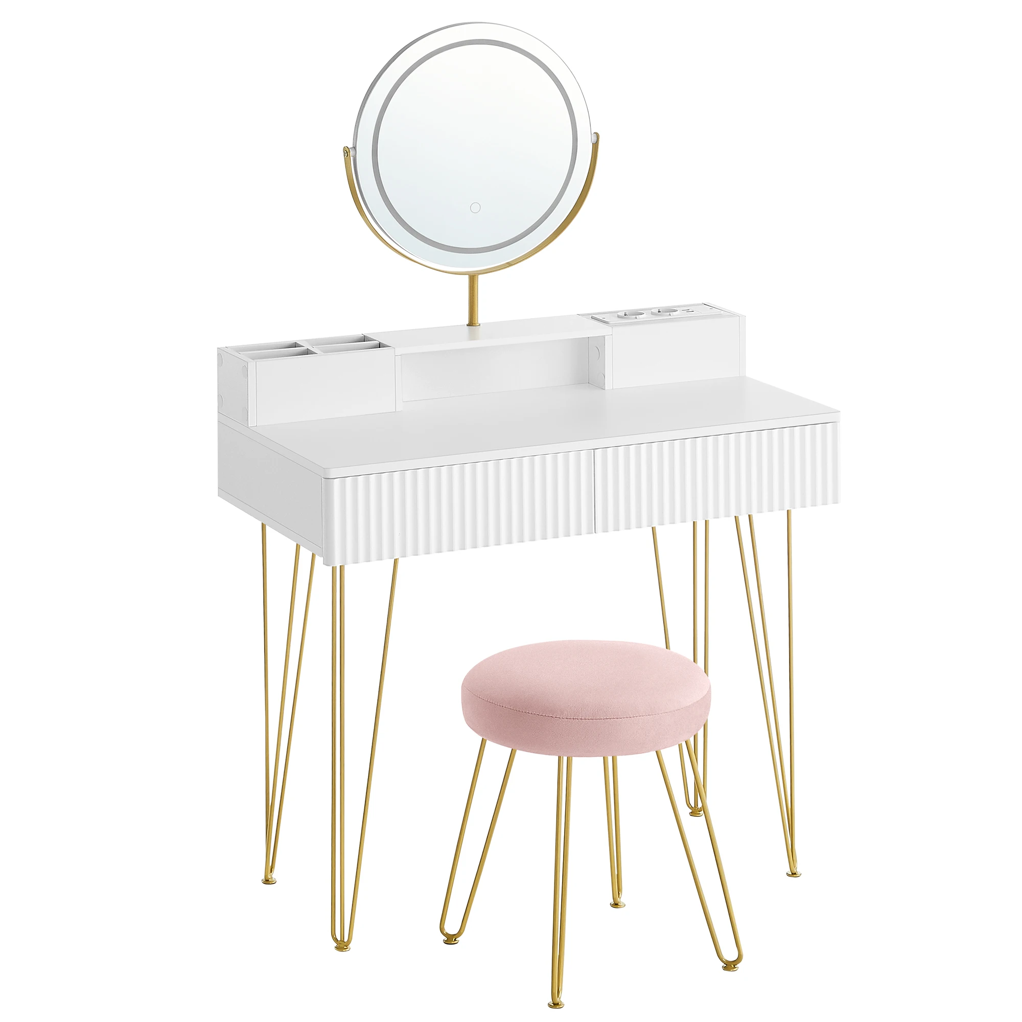 VASAGLE Tocador con Taburete e Iluminación, Regleta de Enchufes, Espejo Giratorio, Tocador, 40 x 80 x 134,8 cm, Tocador con Cajones, Taburete Tapizado, Blanco Mate y Dorado Pálido, Regalo de Navidad