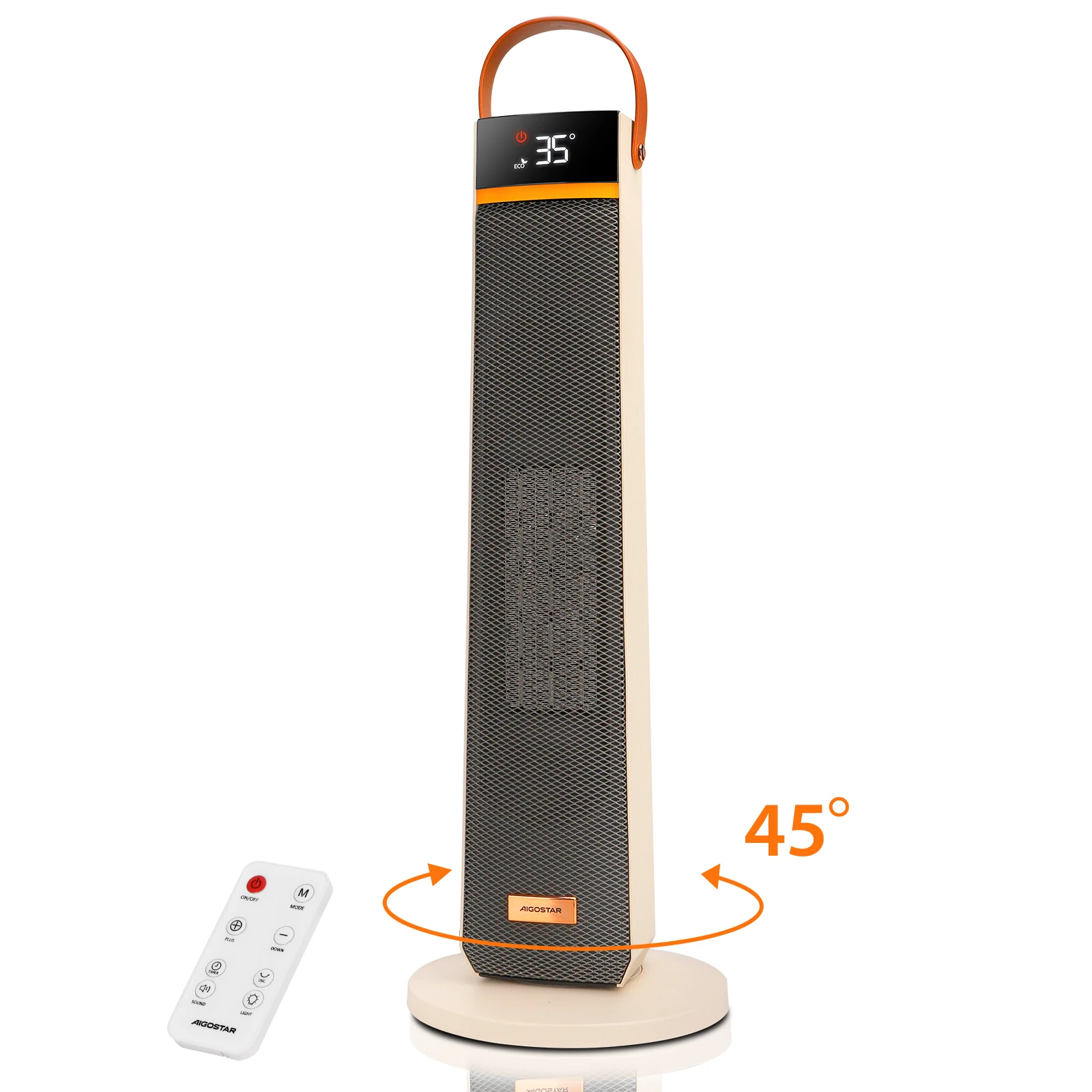 AIGOSTAR Calefactor Cerámico Silencioso, Mando a Distancia y Temporizador de 24H, Termostato Ajustable de 5-35 ℃ (2000W, 4 Modos y ECO, Oscilación 45º)