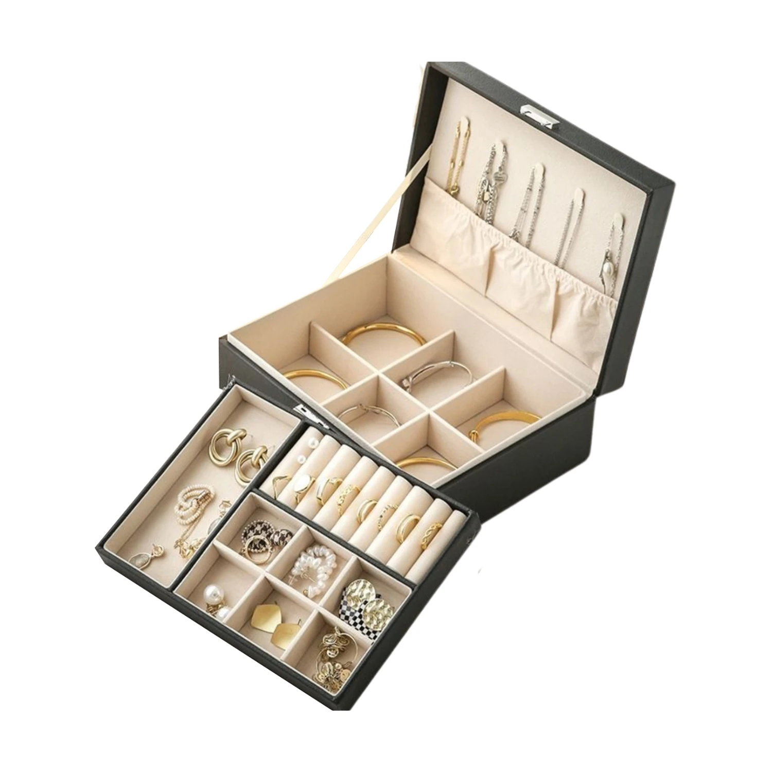 LUTODY - Organizador de joyas, 2 niveles, Terciopelo, Polipiel con cajonera, Expositor elegante y funcional para bisutería, collares, anillos, pendientes, pulseras, brazales y colgantes