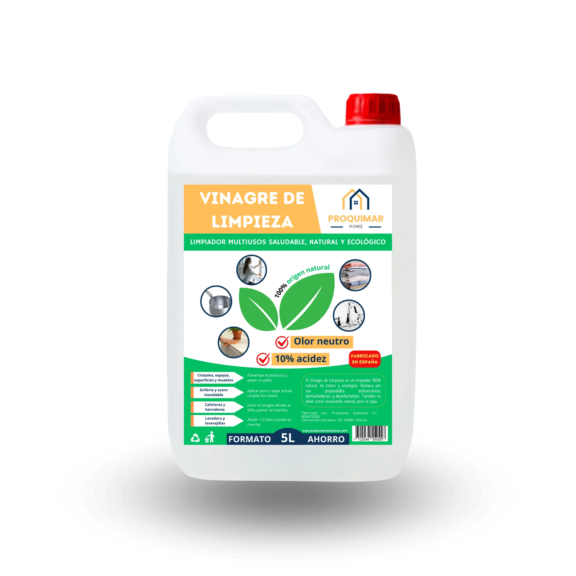 Vinagre de Limpieza 10º | Limpiador Natural Multiusos | Desengrasante Ecológico | Ideal para Hogares con Mascotas y Niños | Formato Ahorro 5L