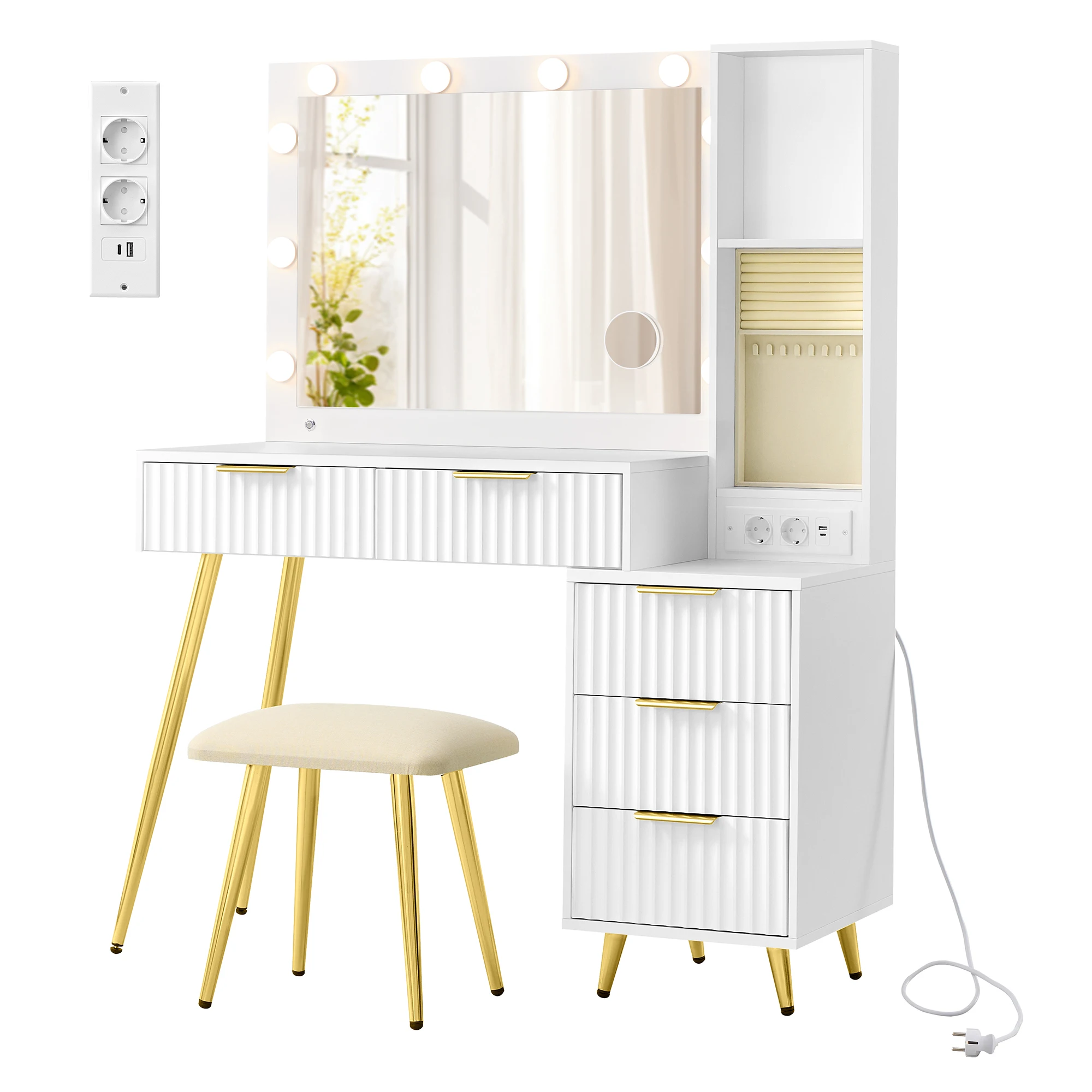 VASAGLE Tocador con Espejo y Taburete, Mesa de Maquillaje con Cajones, Lupa de 10x, Iluminación LED, Bandeja para Joyas, Enchufe Múltiple, 40 x 110 x 135 cm, Blanco Nube, Regalo de Navidad