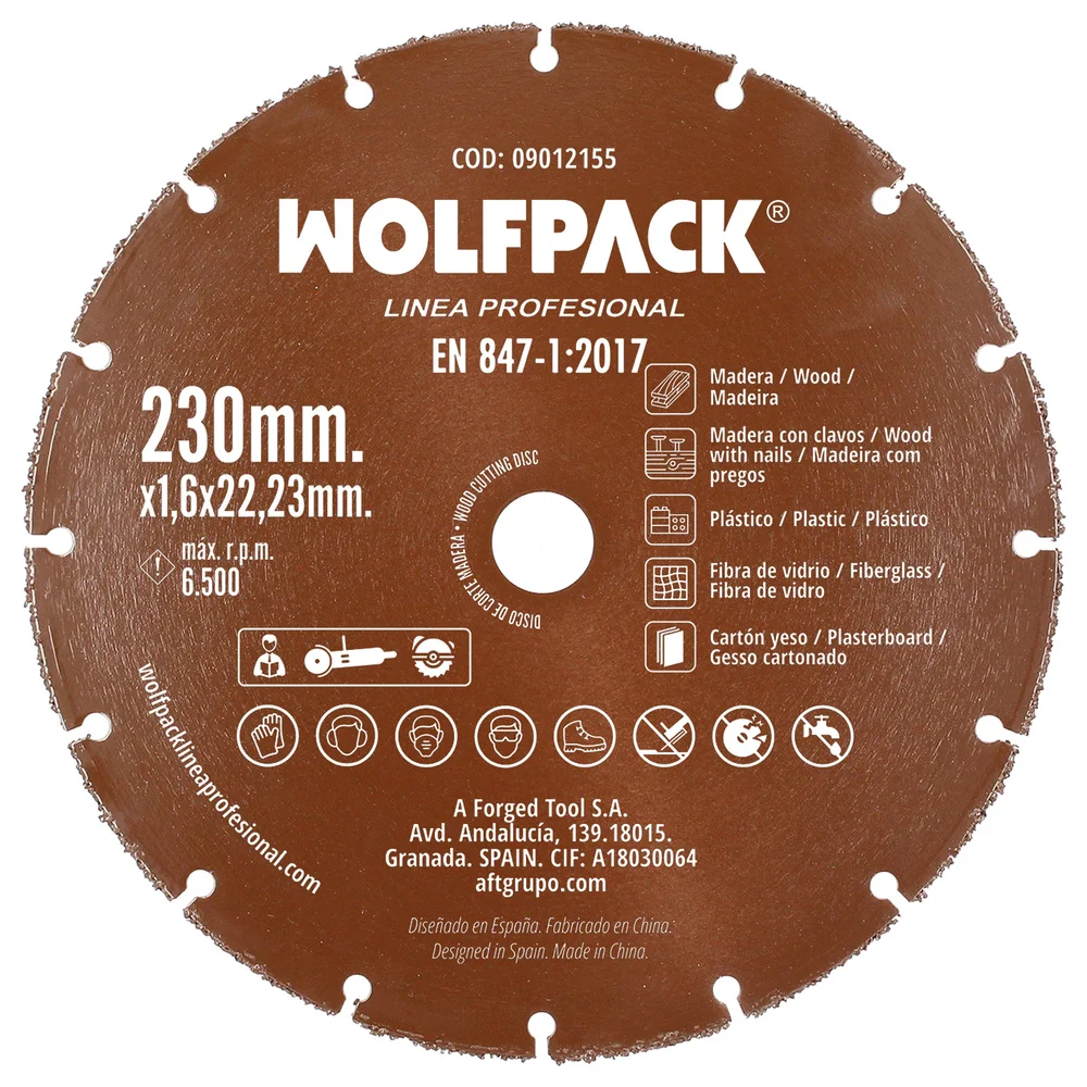 WOLFPACK LÍNEA PROFESIONAL Disco Corte Madera/Plástico Ø 230 mm. Hilo de carburo de tungsteno
