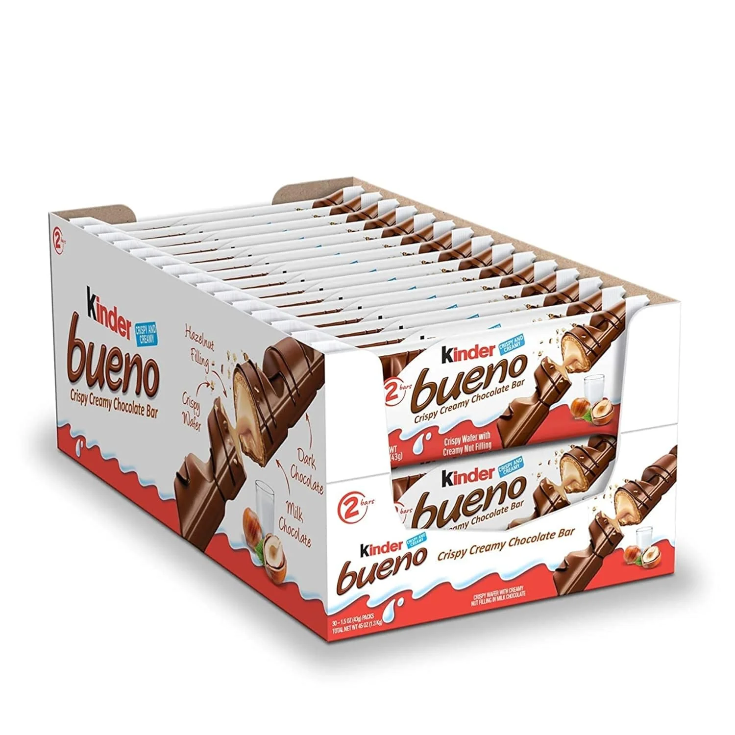 Kinder Bueno Chocolate con leche y crema de avellanas 30*43g,Kinder Bueno White ,Caja de 30 unidades,Barritas de Chocolate Blanco