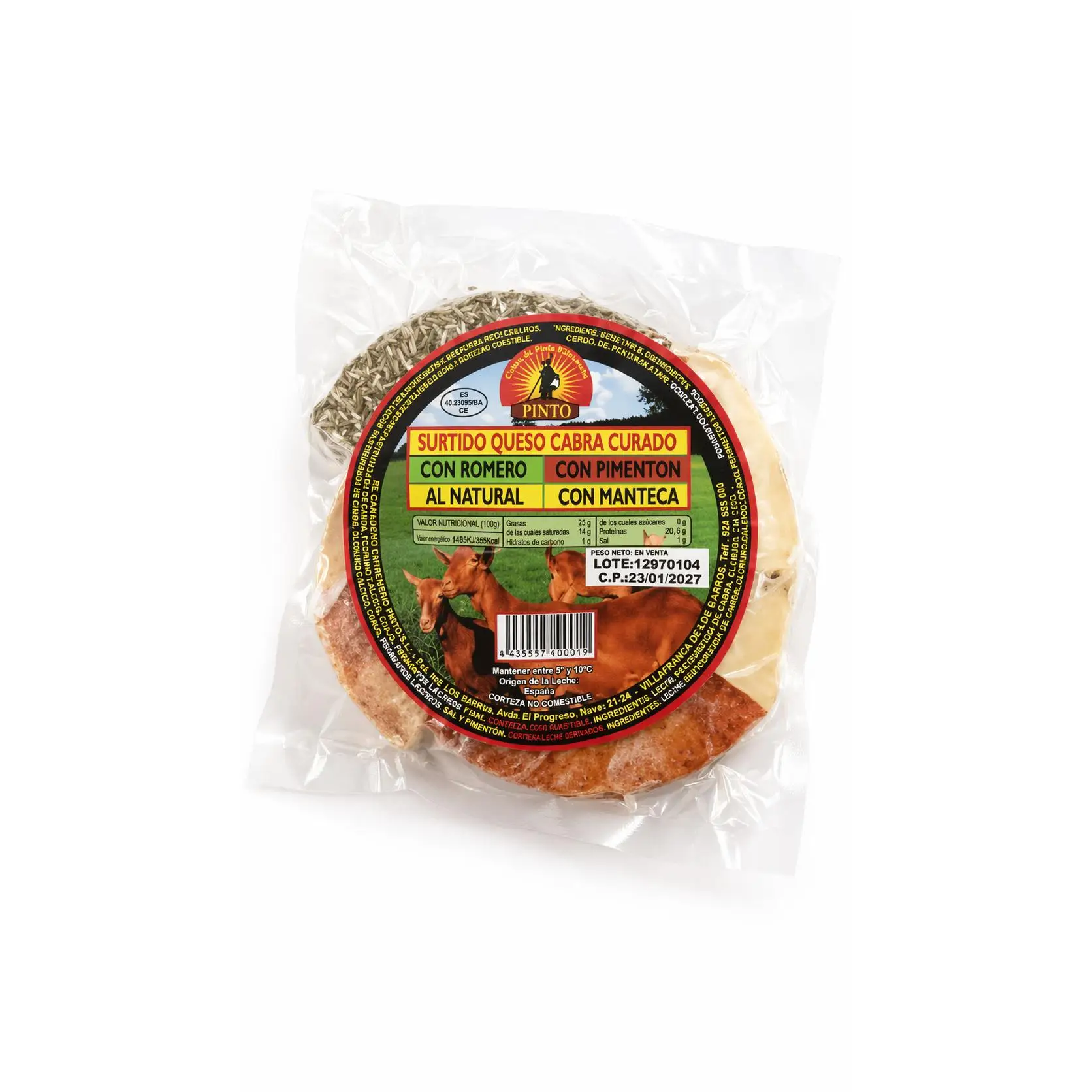 QUESO pinto surtido cabra curado800g (con romero+pimenton+al natural+manteca)Dado que el producto está cortado a mano, puede haber algunos errores en el peso