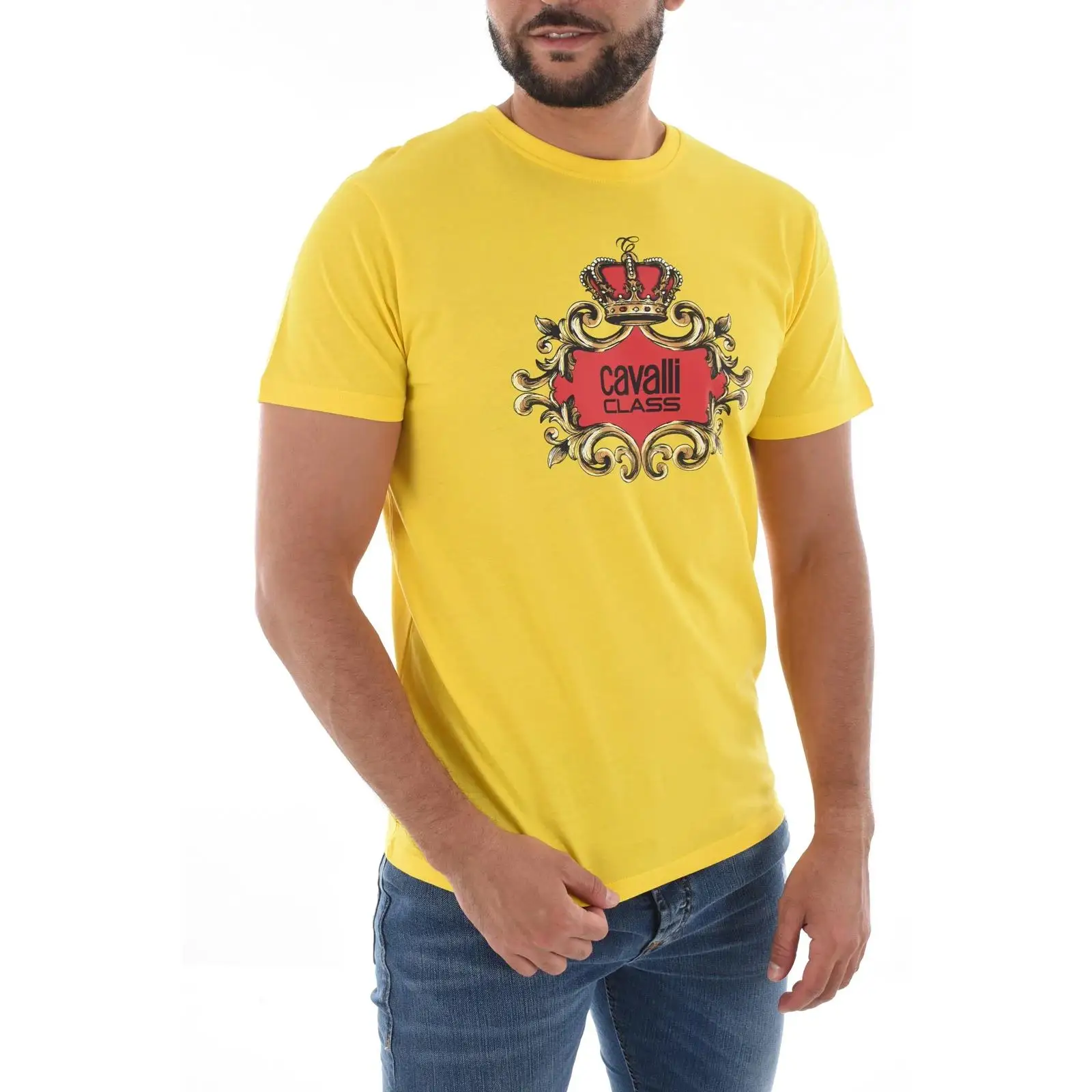 Roberto Cavalli Class Yellow T-shirt for Men, 100% Cotton, Short Sleeve, Round Neck, Casual Fashion, Ideal for Spring/Summer 24.