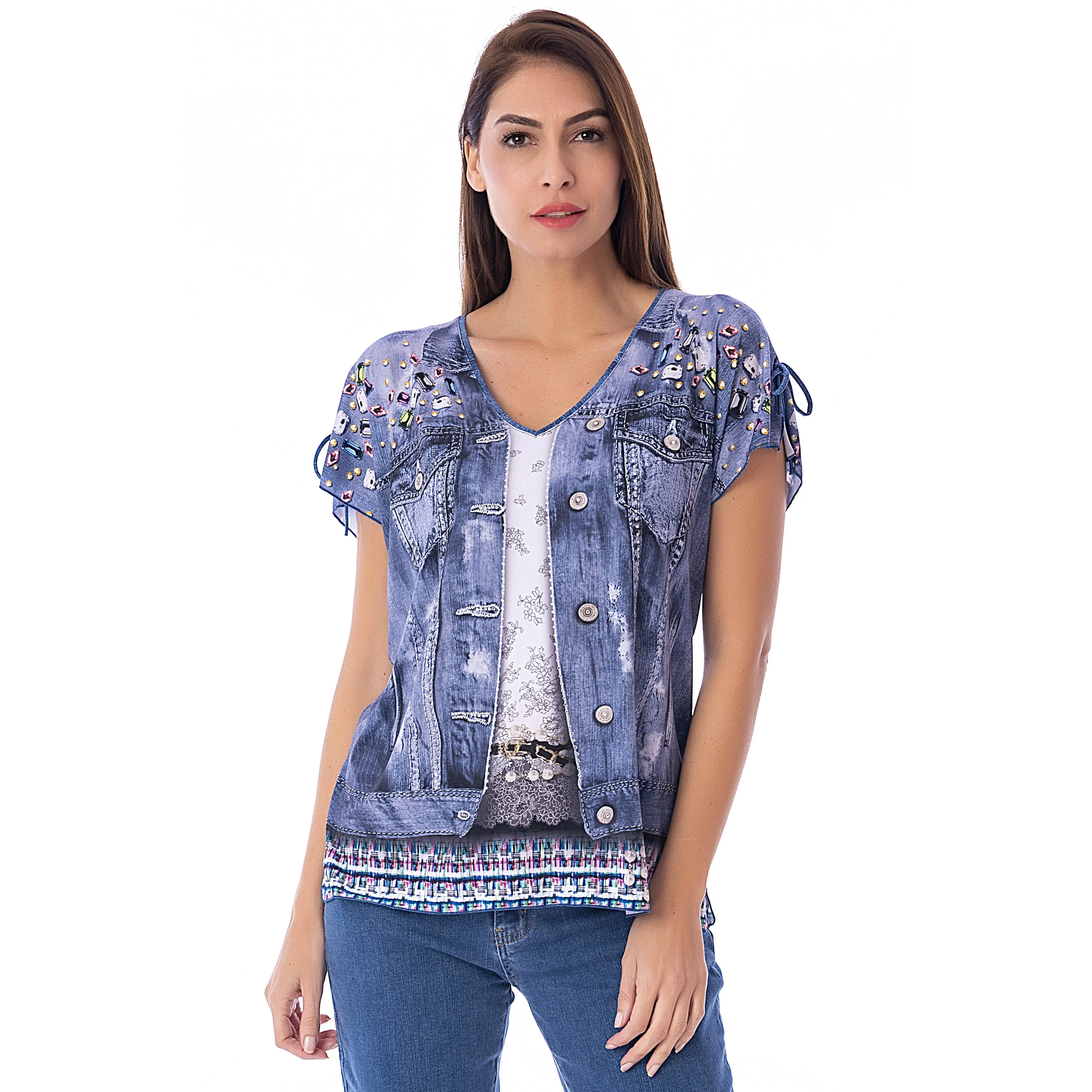 Camiseta Verano Manga Corta con Pedrería – Masquenada – Tejido Alta Calidad