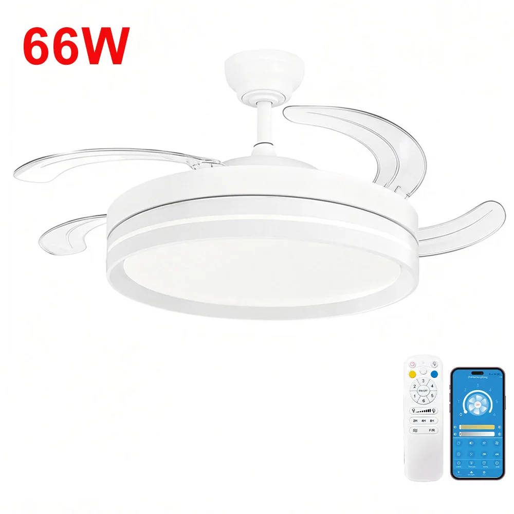 OstarkDom Ventilador de Techo con Luz LED Retráctil 106cm, 4 Aspas, Control por APP y Mando a Distancia, Potencia Total 66W, Temporizador, 6 Velocidades, 3 Temperaturas de Luz, Función