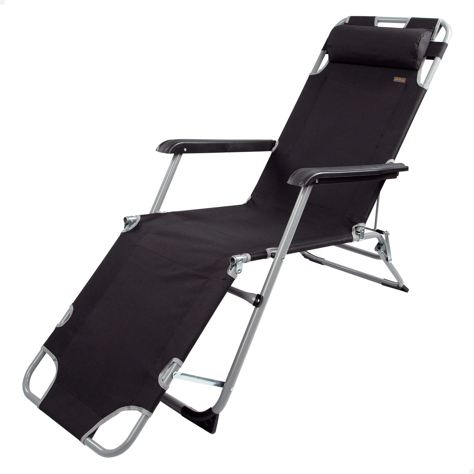 Tumbona plegable y reclinable Aktive negra, Antivuelco, material acero y textileno, medidas 178x60x89cm, Peso máx. 110Kg.