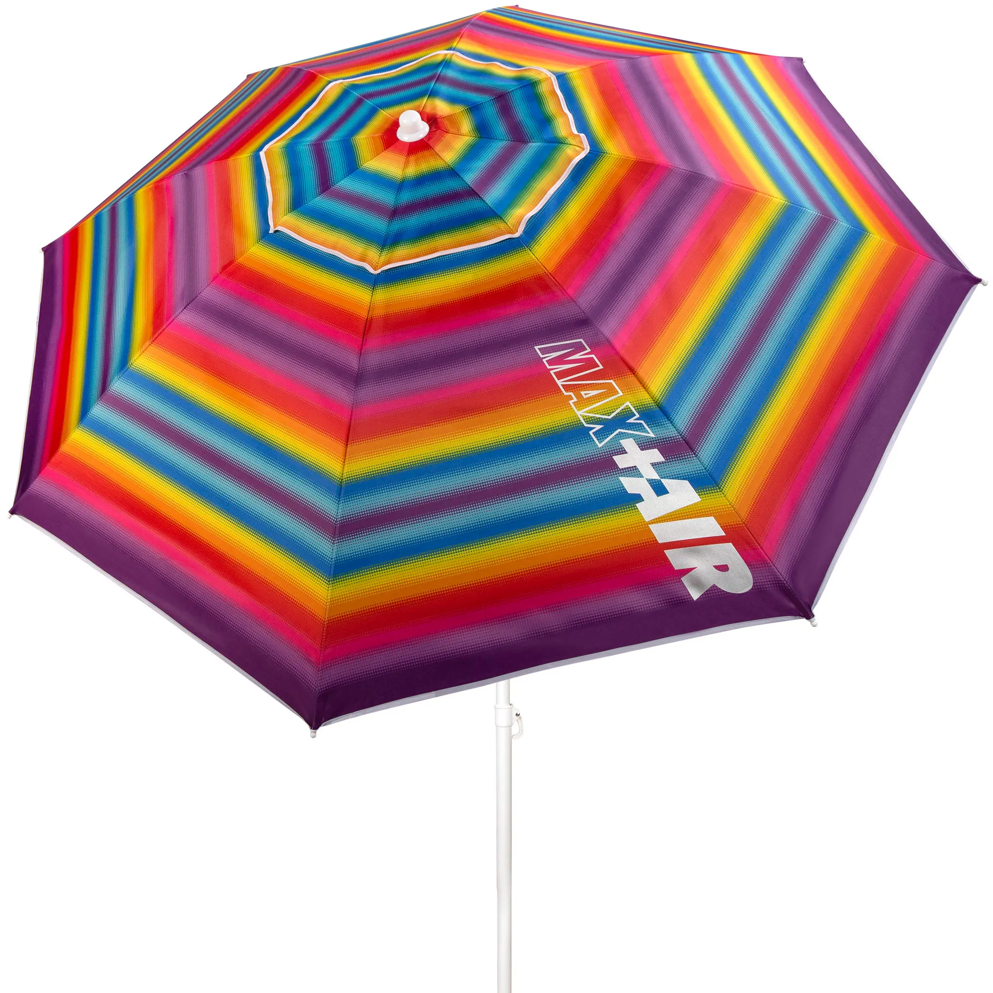 Aktive - Sombrilla de playa antiviento, diseño de rayas multicolor, 8 varillas de fibra de vidrio, protección UV50 con revestimiento plateado, mástil de metal 28/32 mm, sistema de inclinación, ventilación Max+Air y funda de transporte